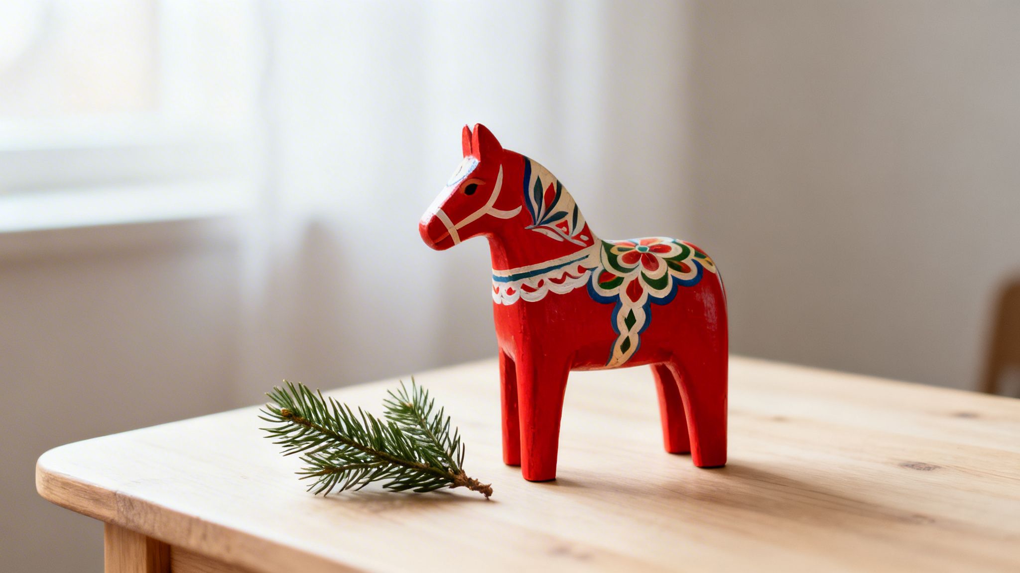 A vibrant red Dala horse figurine with traditional patterns sits on a wooden table beside a fresh pine branch.