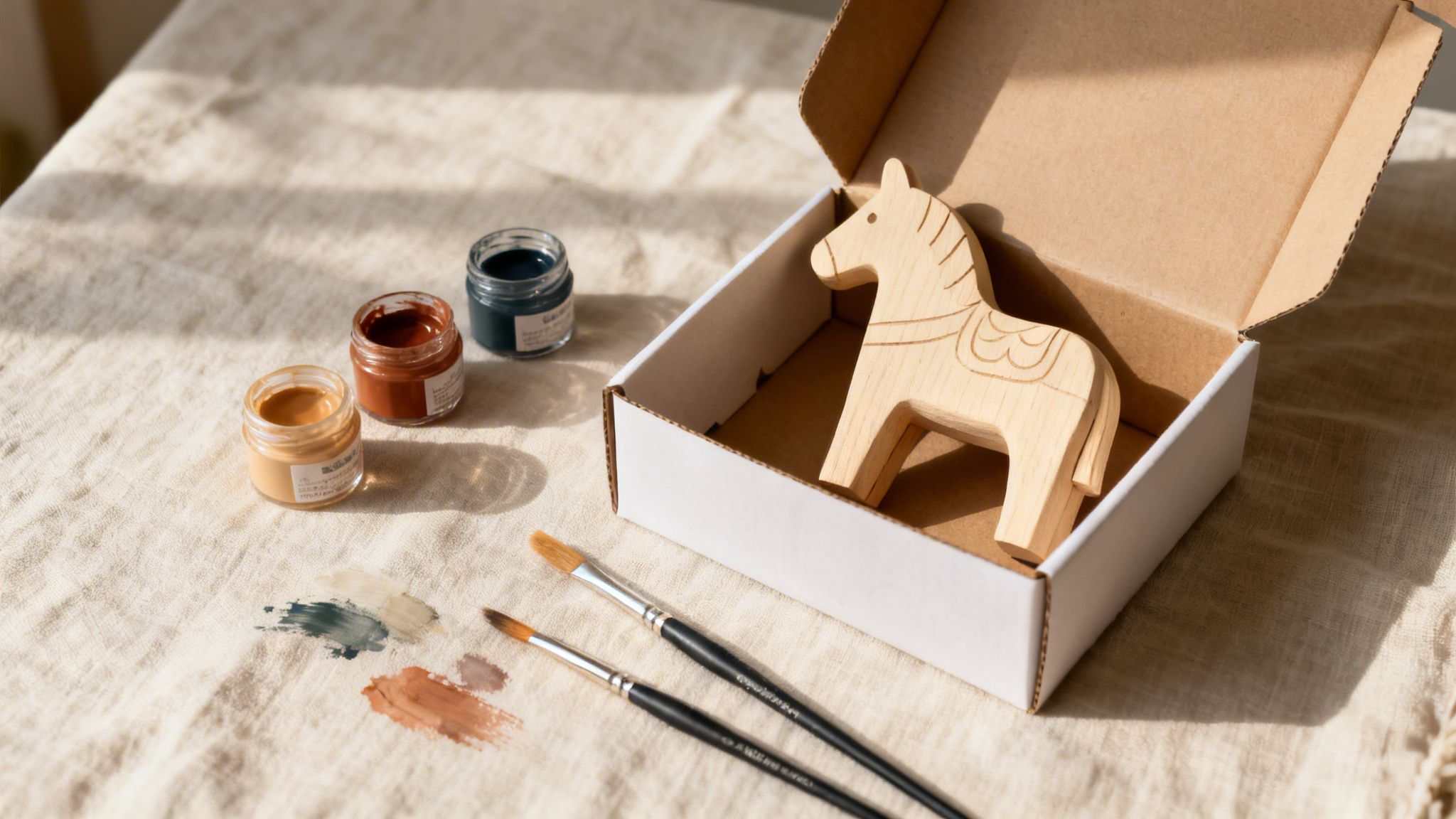 A craft kit with a wooden horse toy, three paint jars, brushes, and paint swatches on fabric.