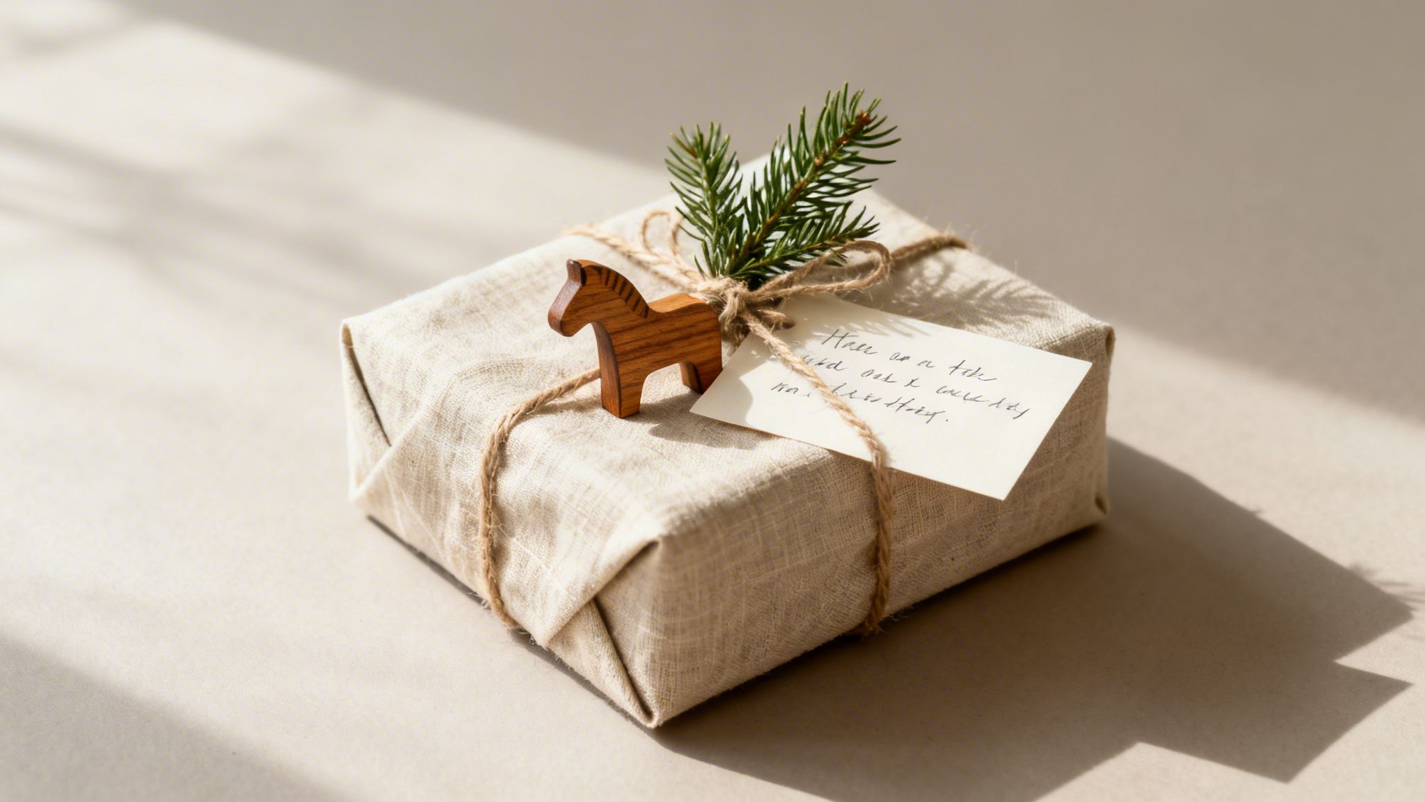 A natural fabric-wrapped gift tied with twine, adorned with a wooden horse, pine branch, and handwritten tag.