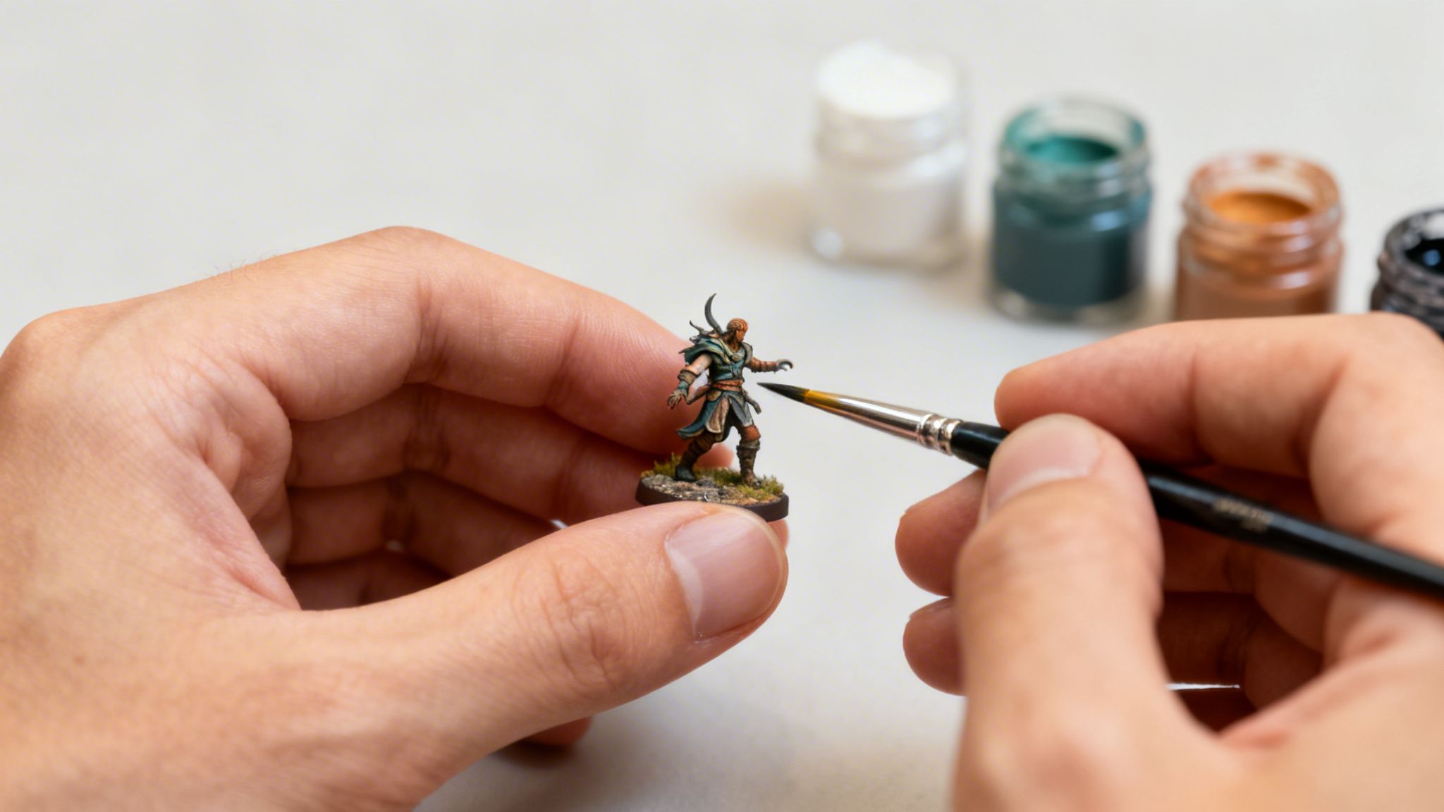 Close-up of hands meticulously painting a small fantasy miniature figure with a fine brush, with paint pots blurred in the background.