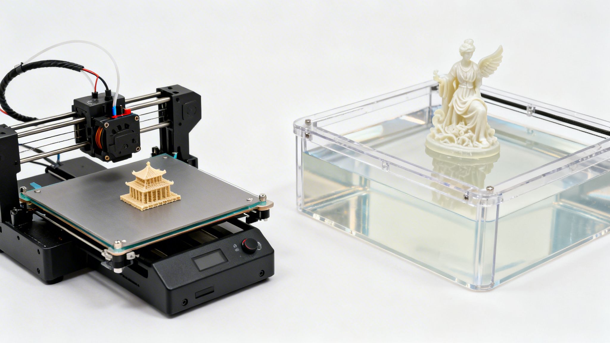 A 3D printer with a printed miniature pagoda on the left, next to a clear container with an angel statue.