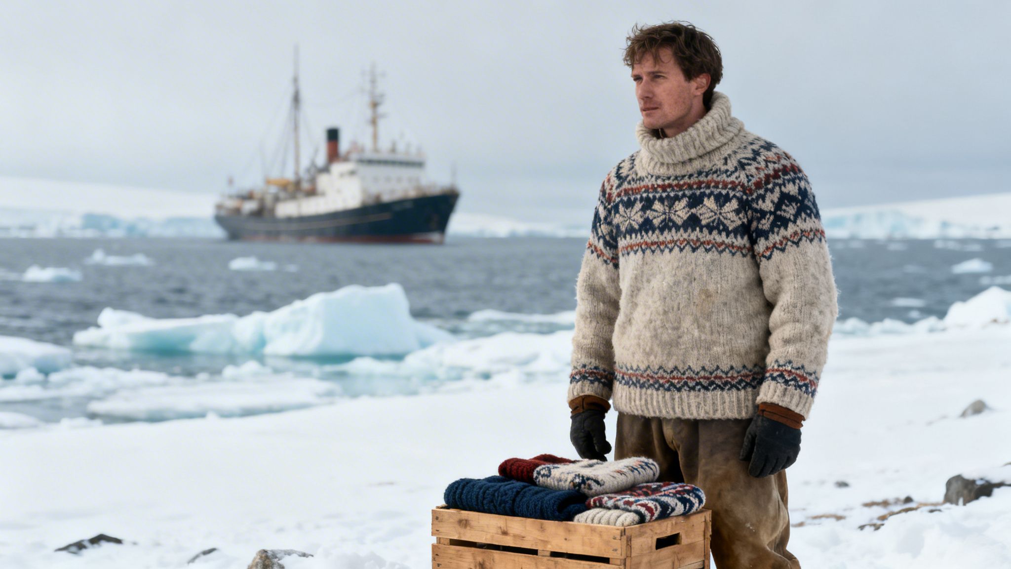 Man wearing a Fair Isle sweater stands on an icy shore, with a ship and icebergs in the background.
