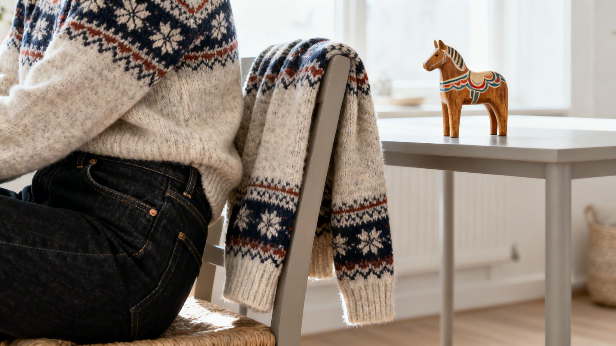 A person wearing a fair isle sweater and jeans, with another sweater on a chair and a Dala horse.