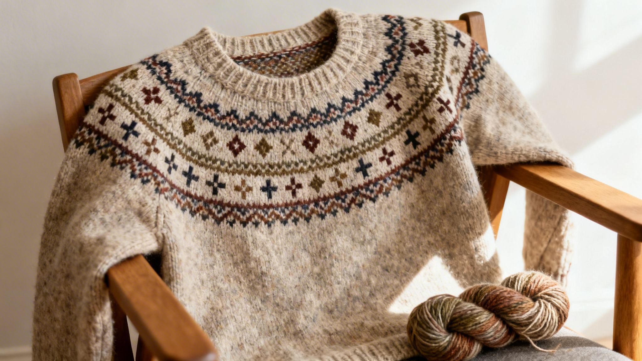 A beautifully patterned Fair Isle sweater on a wooden chair with a matching skein of yarn.