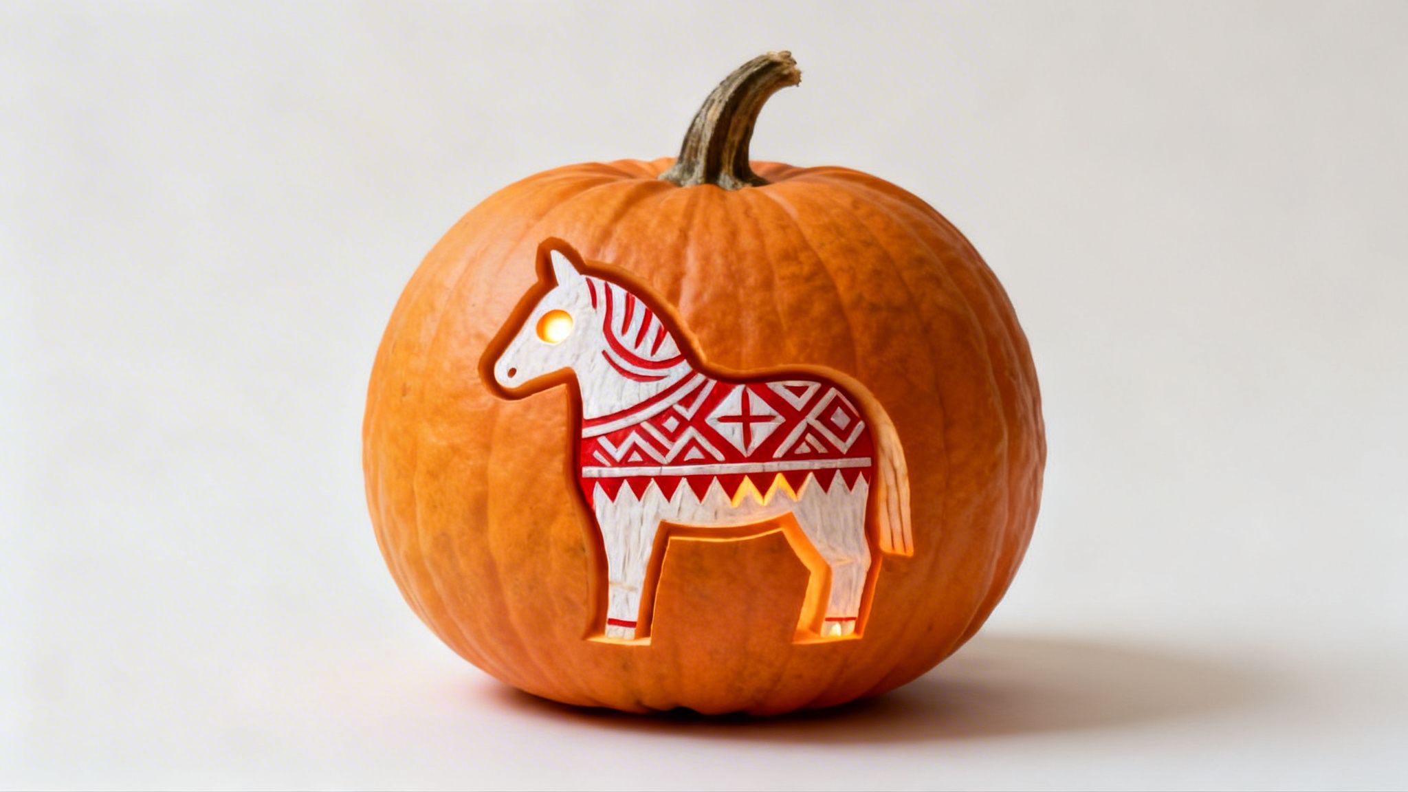 A vibrant orange pumpkin intricately carved with a white and red Dala horse design, illuminated from within.