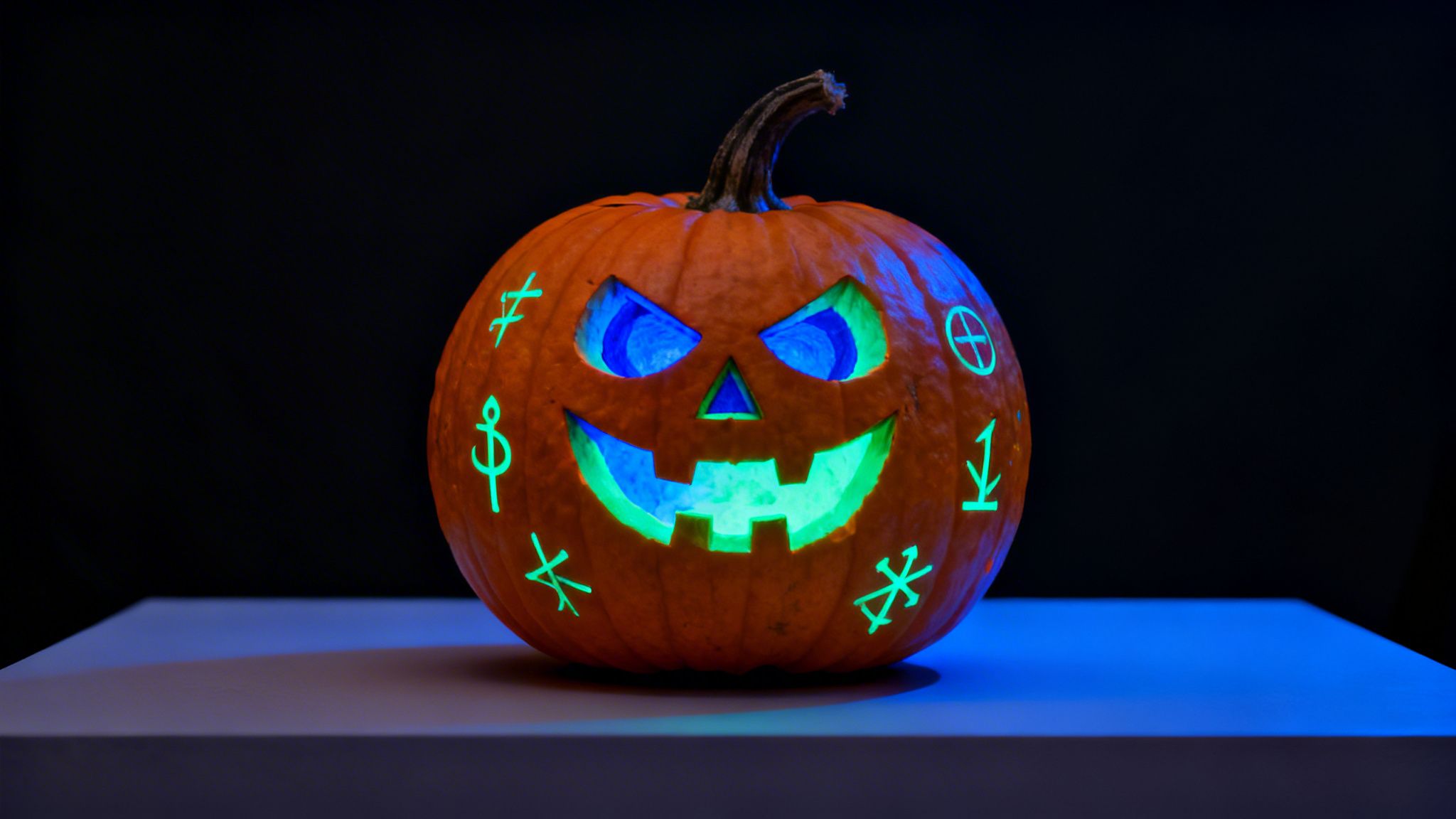 A spooky carved pumpkin with glowing blue and green features and mysterious symbols on a dark background.
