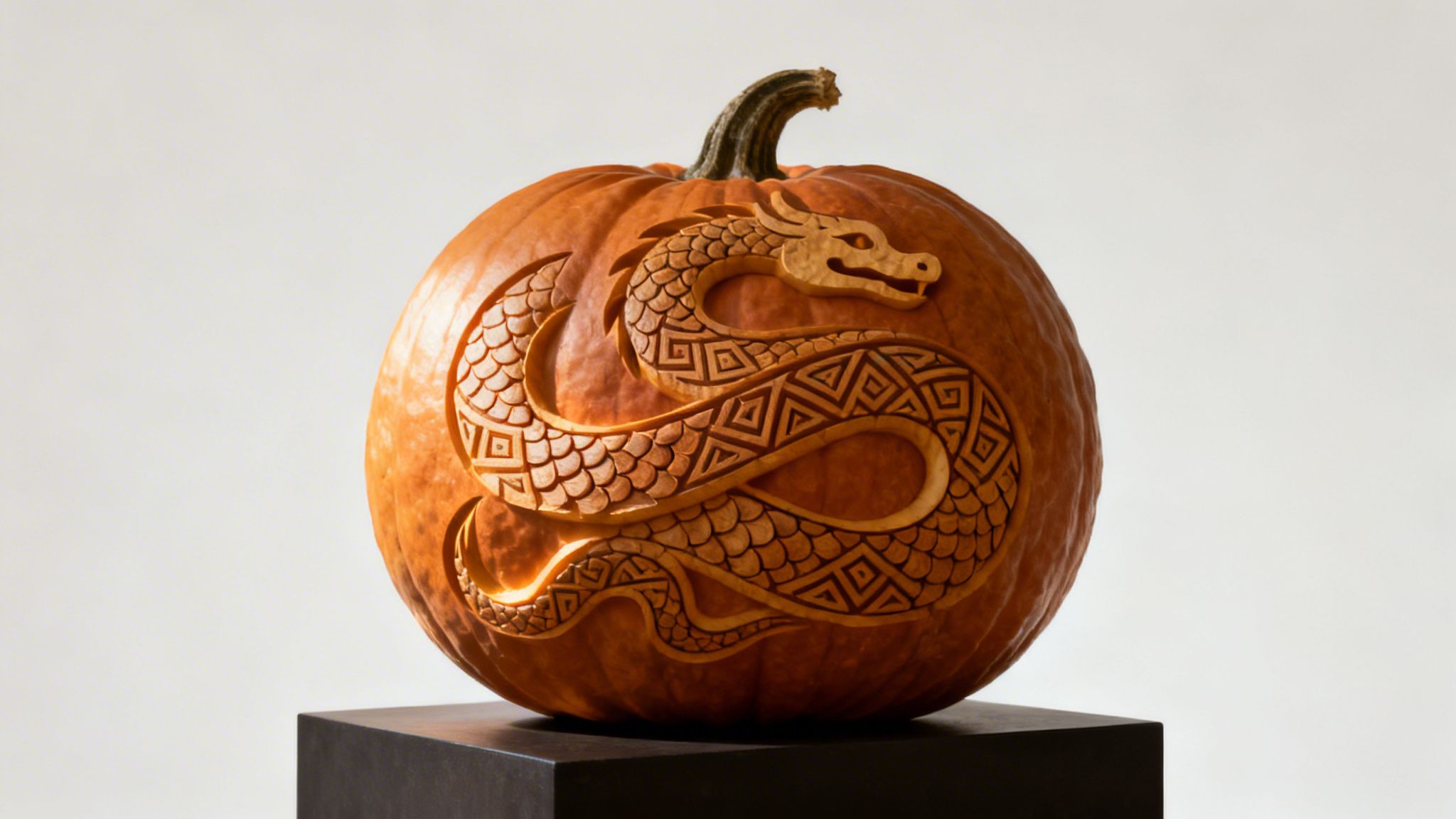 A beautifully carved orange pumpkin featuring an intricate dragon design with scales and geometric patterns.