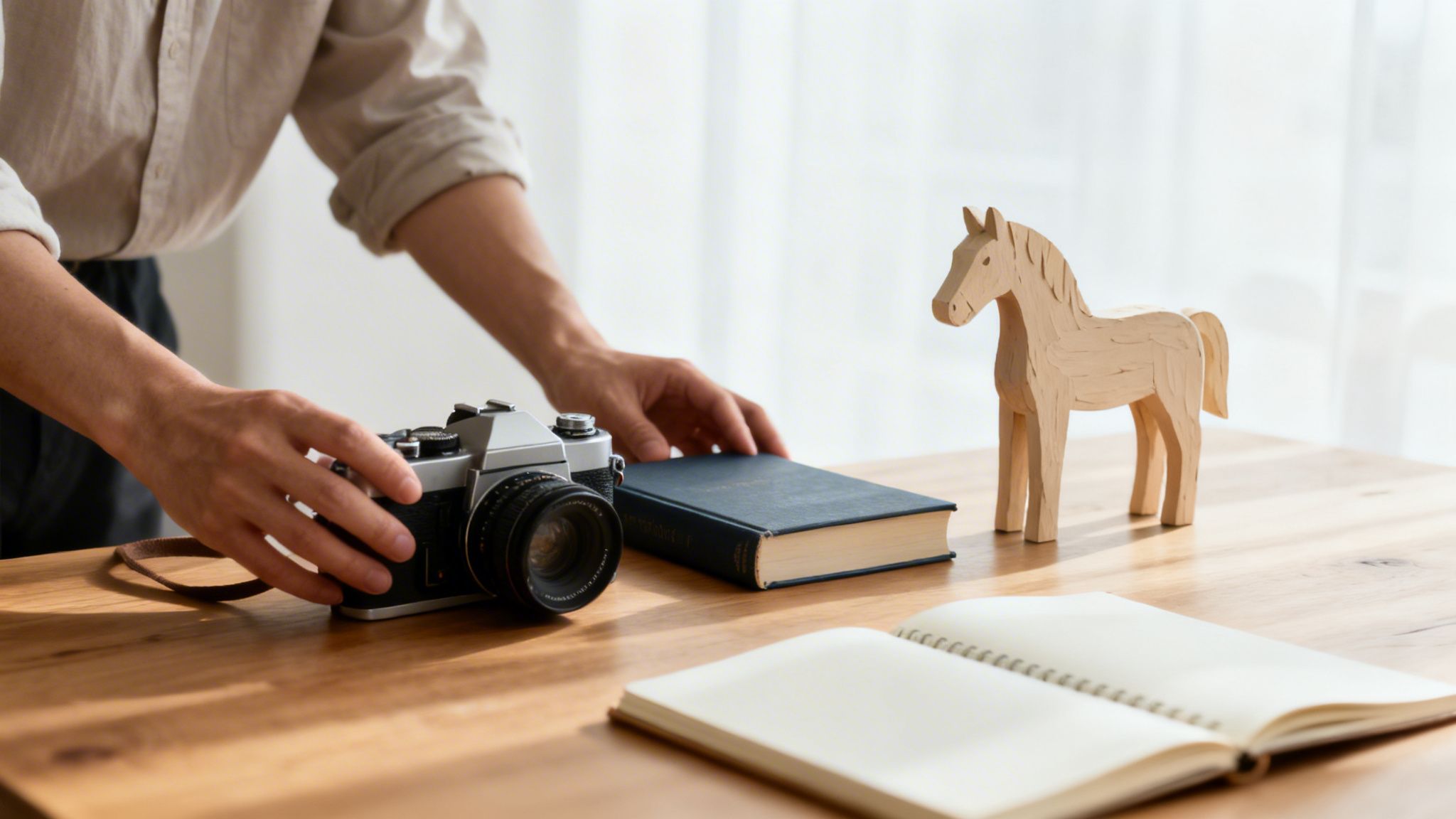 A person's hands arrange a vintage camera, book, and wooden horse on a light wooden table with an open notebook.