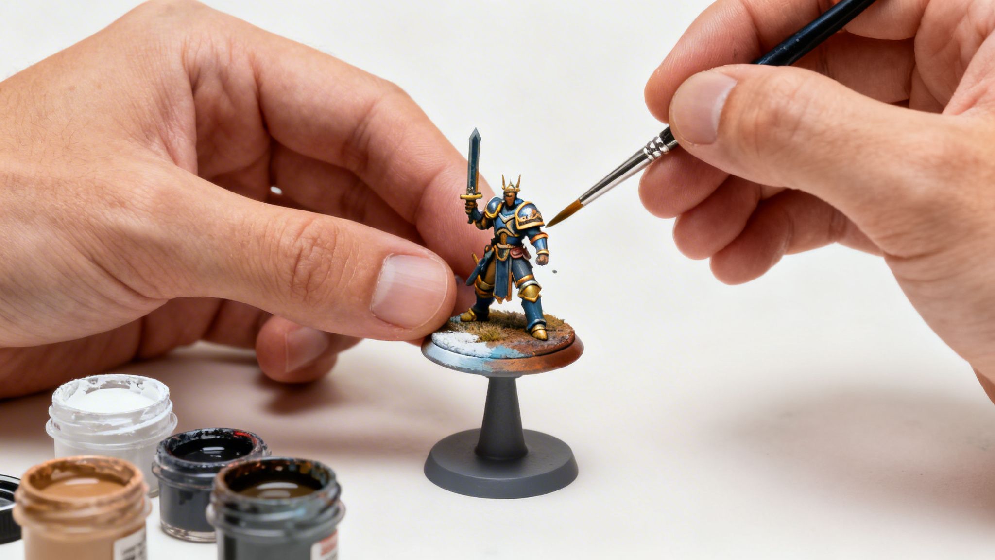 Hands meticulously painting a blue and gold armored fantasy miniature with a fine brush.