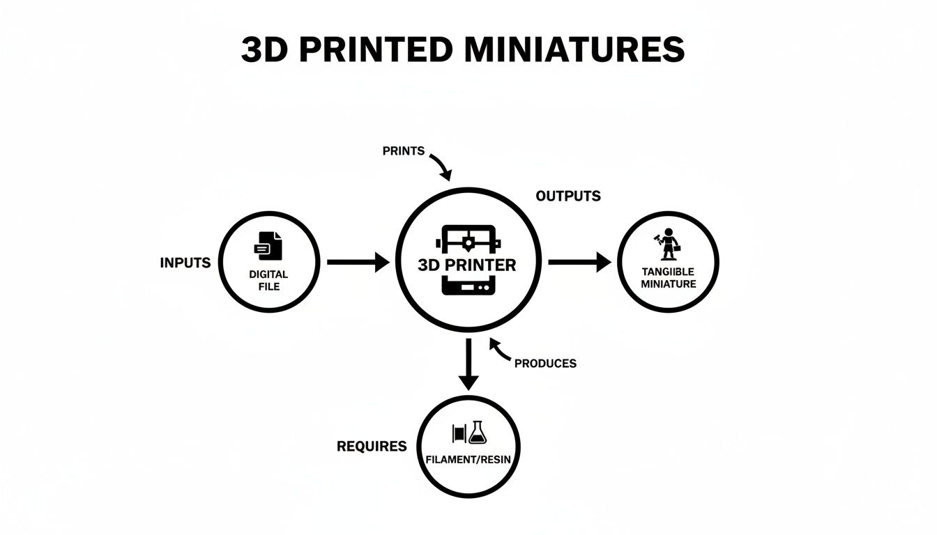 A flowchart illustrates the process of creating 3D printed miniatures from a digital file.