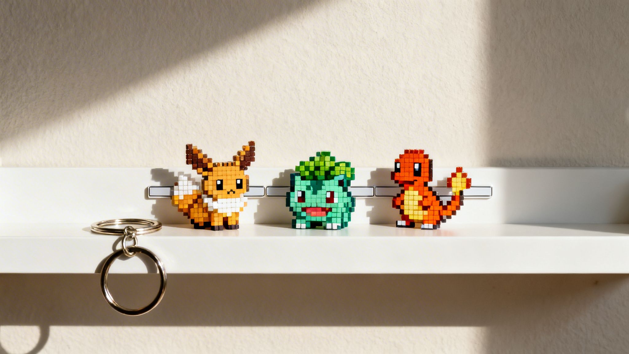 Three colorful bead-art Pokemon figures: Eevee, Bulbasaur, and Charmander, with a keychain on a shelf.