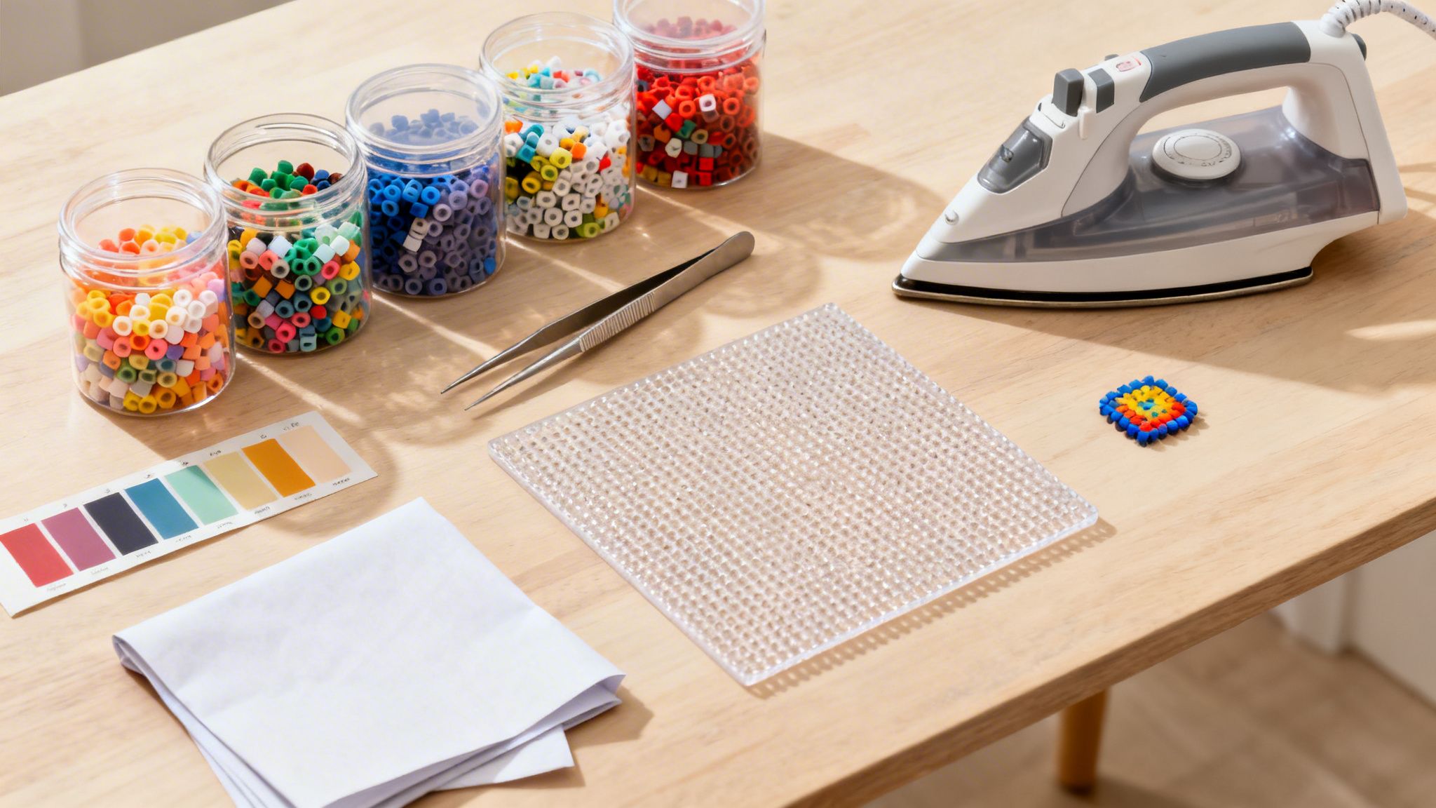 A flat lay of fuse bead crafting supplies including colorful beads, a pegboard, an iron, and a finished design on a wooden table.