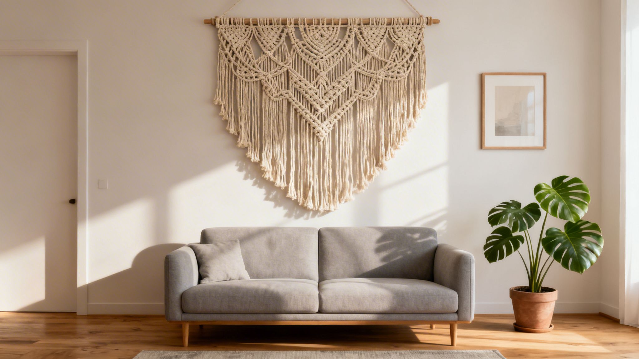 A stylish living room featuring a large macrame wall hanging above a grey sofa.