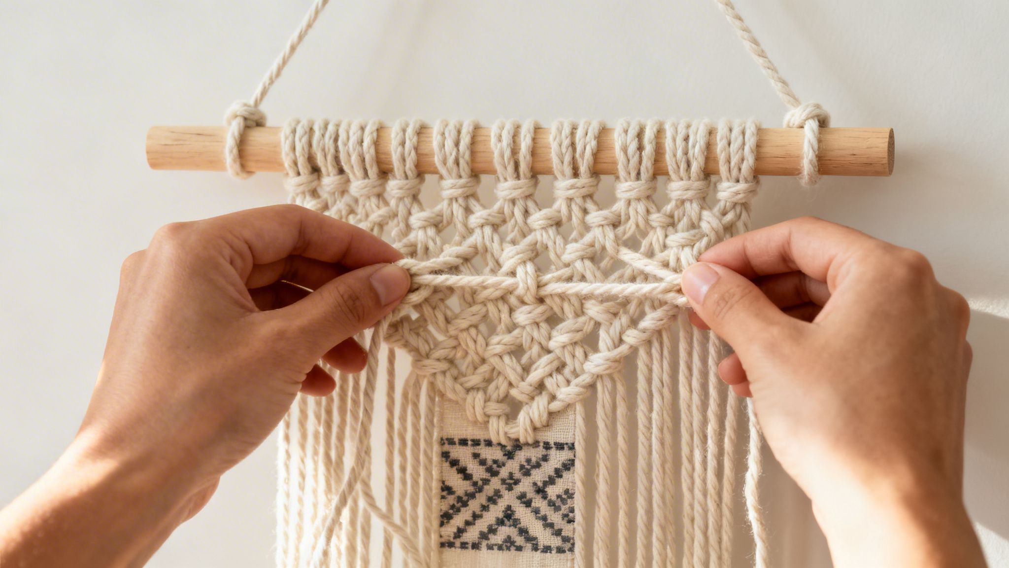 Close-up of hands crafting a cream macrame wall hanging, tying decorative knots on a wooden dowel.