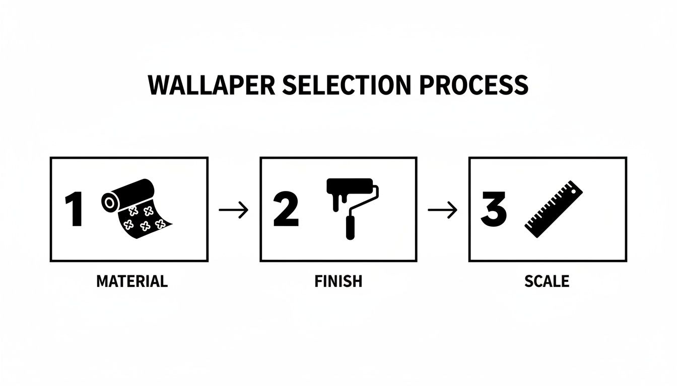 A diagram illustrating the three-step wallpaper selection process: material, finish, and scale.