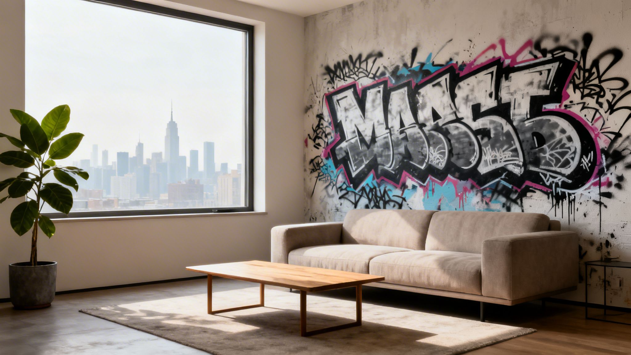 A stylish living room featuring a graffiti art wall, beige sofa, wooden table, and city skyline view.