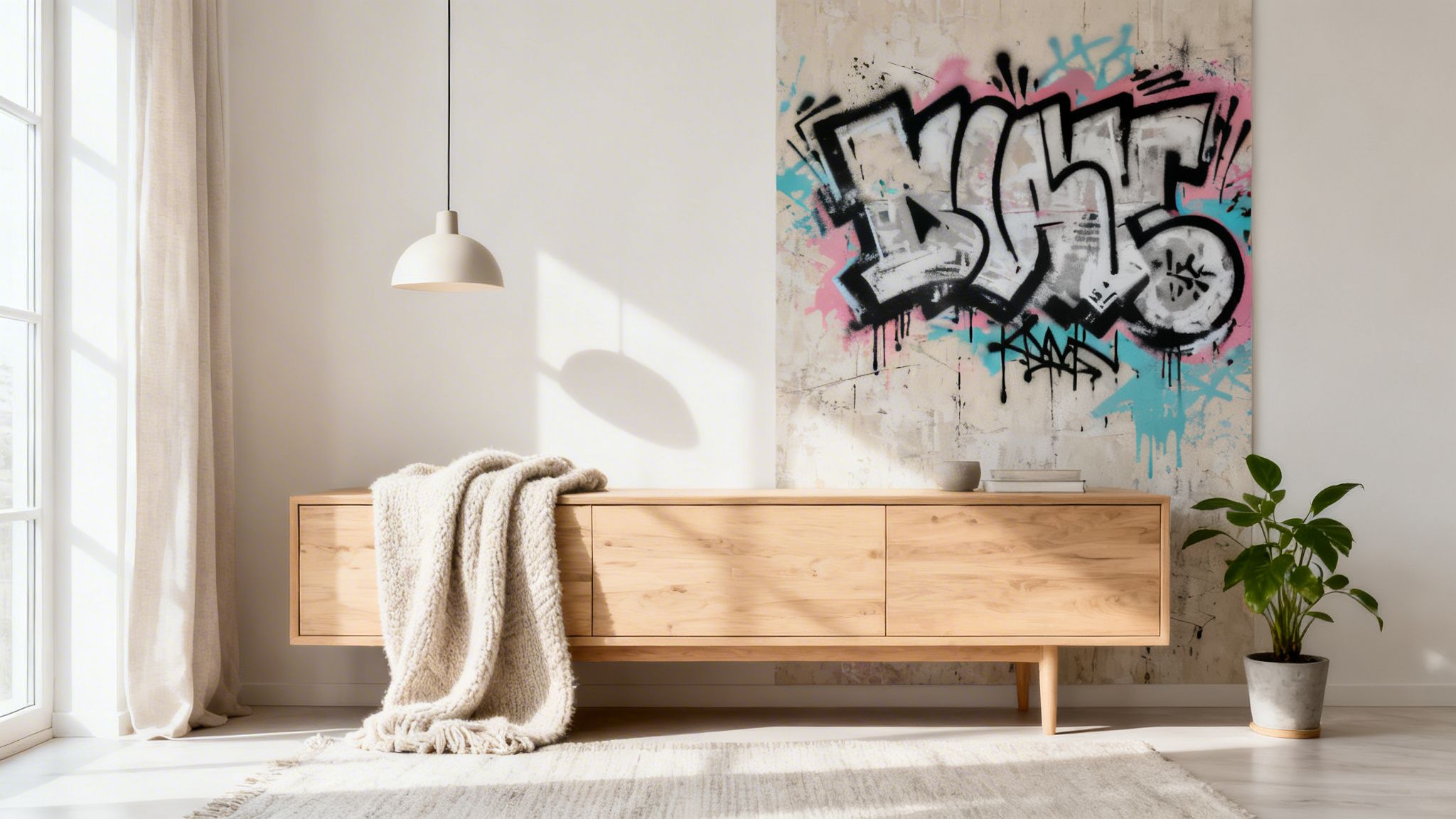 A bright modern room with a wooden cabinet, soft blanket, hanging lamp, and vibrant graffiti art.