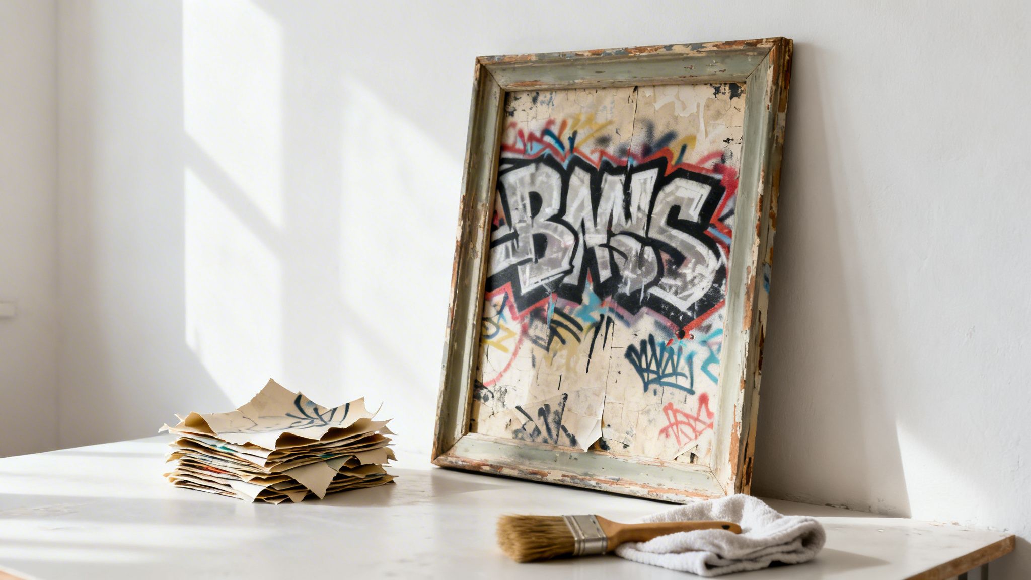 A distressed frame with graffiti art, stacked papers, and a paintbrush sit on a sunlit table.