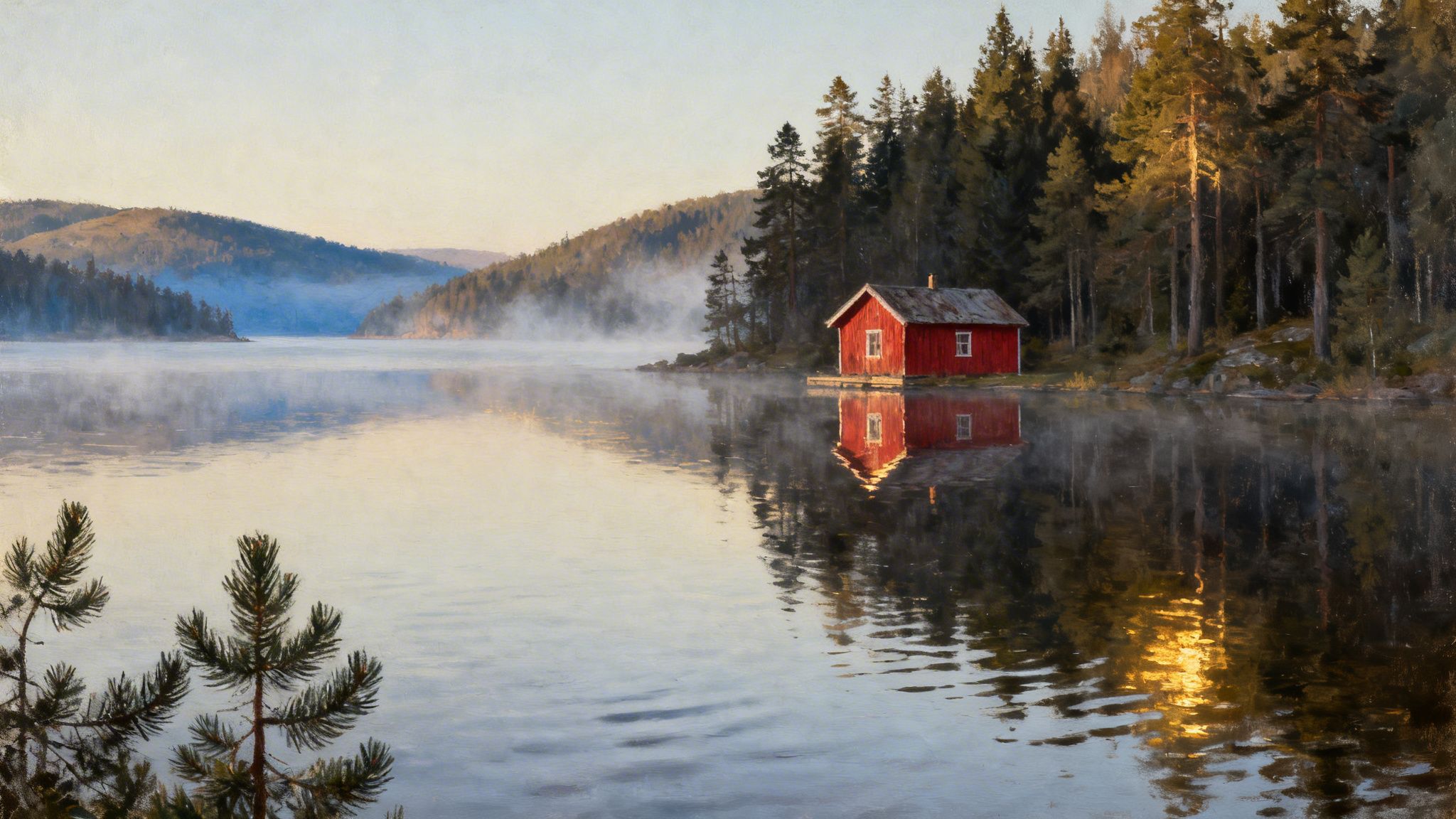 Red cabin by a misty lake with forest reflections and distant hills at sunrise.
