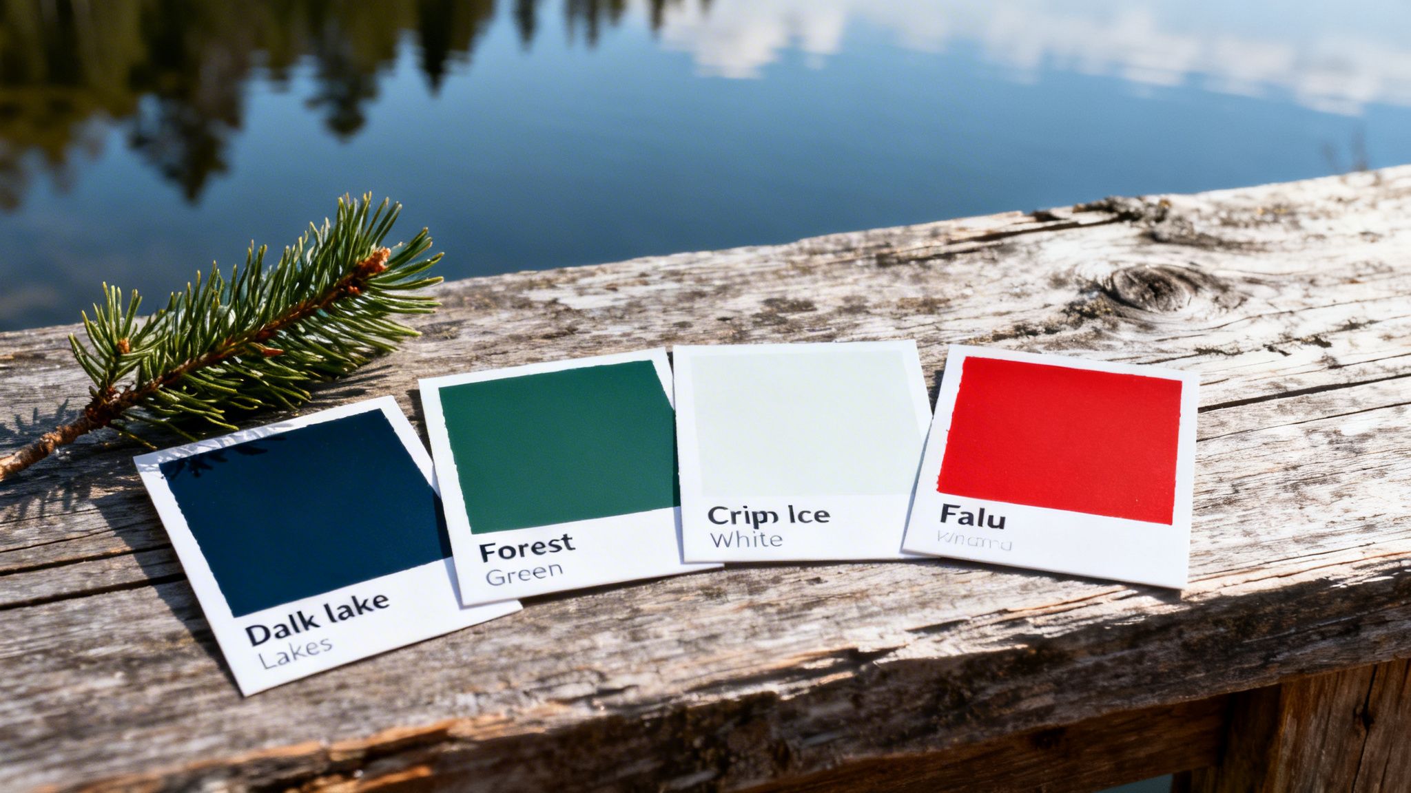 Four color swatches, a pine branch, and a wooden surface with a lake in the background.