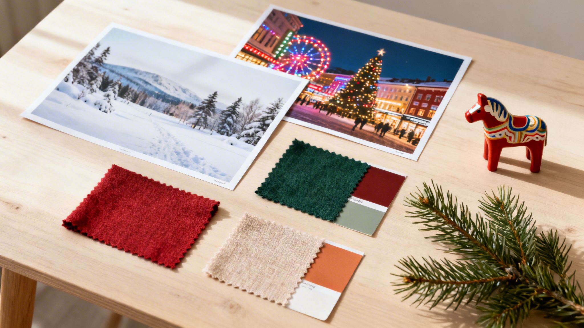 A festive Christmas mood board on a wooden table with winter photos, fabric swatches, and a Dala horse.