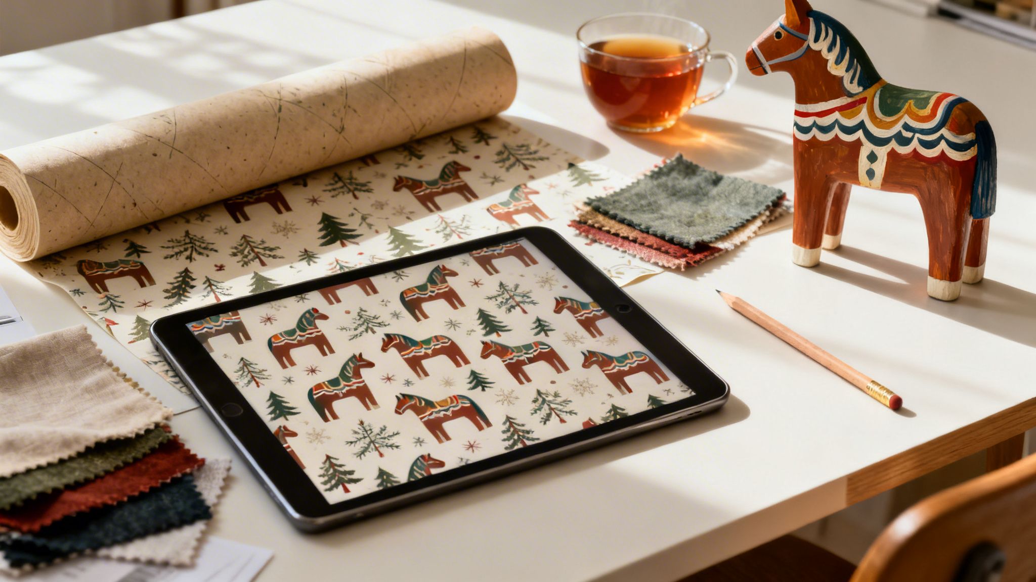 A festive workspace featuring Dala horse patterned wrapping paper, a tablet, tea, and fabric swatches.