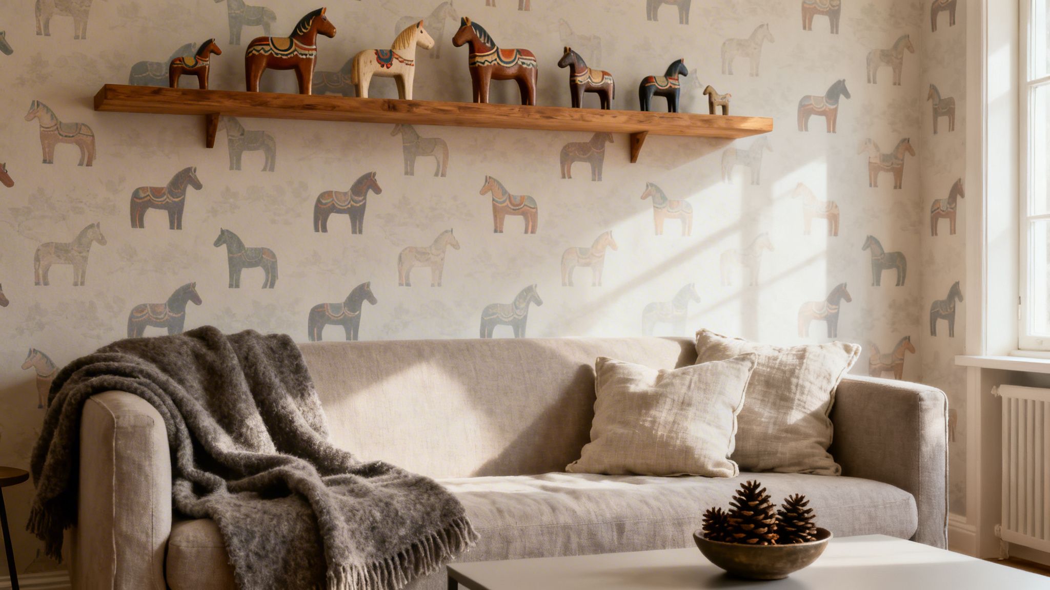 A cozy living room with Dala horse wallpaper, a sofa, blanket, and horse figurines on a shelf.