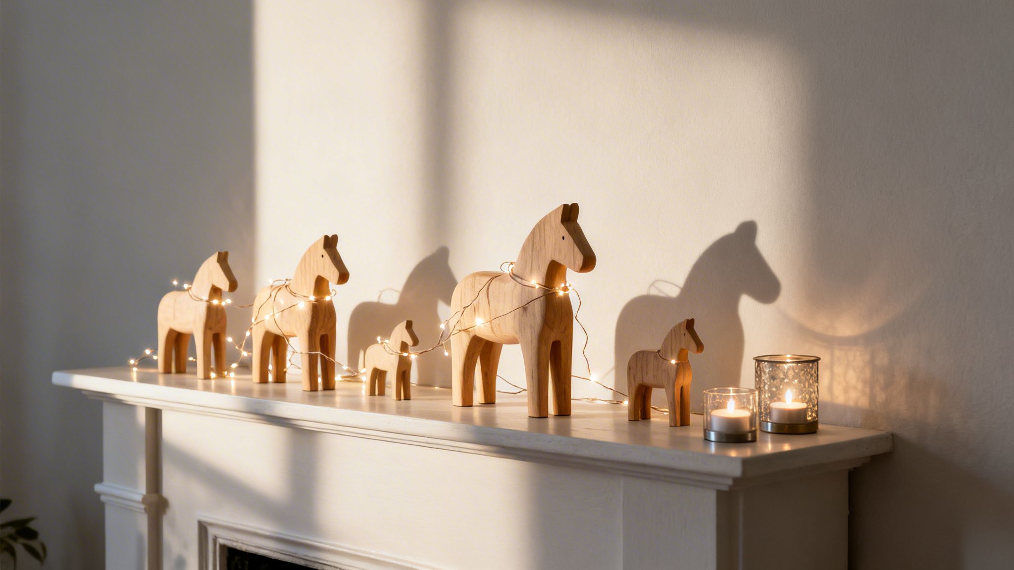 A cozy scene with wooden horse figurines wrapped in fairy lights and lit candles on a white mantelpiece.