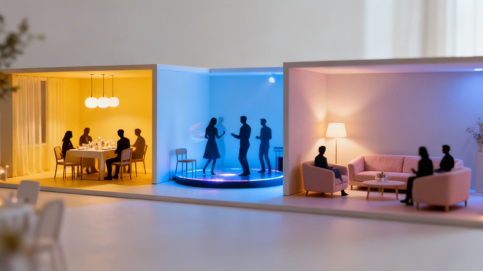 Miniature display of three rooms showcasing different lighting moods for social events.