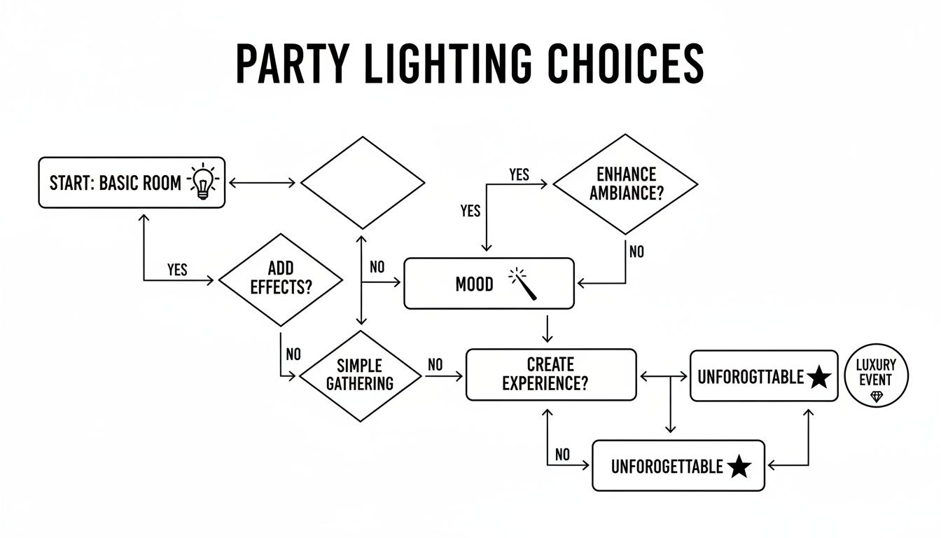 A flowchart outlining party lighting choices, guiding decisions from basic room to a luxury event.