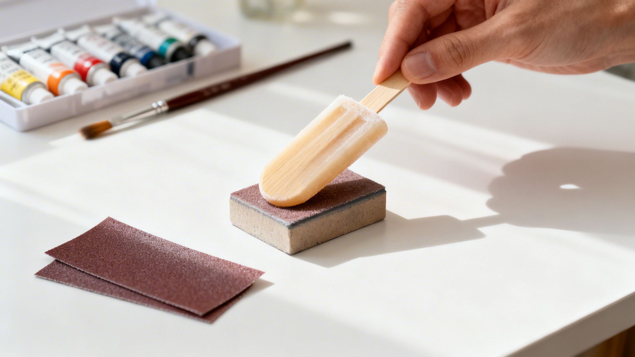 A hand holds a light-colored popsicle resting on a sanding block, with sandpaper and paint tubes.