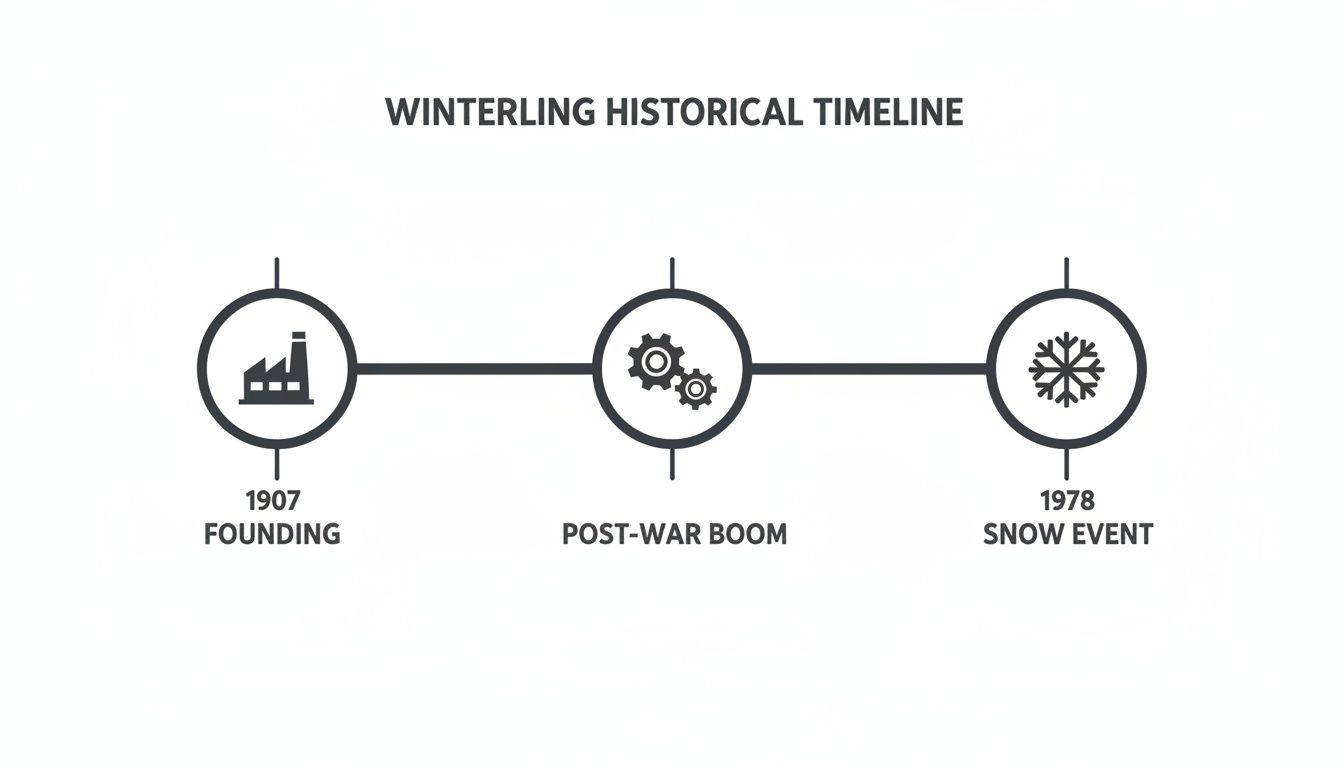 A horizontal timeline for Winterling detailing key historical events: 1907 Founding, Post-War Boom, and 1978 Snow Event.
