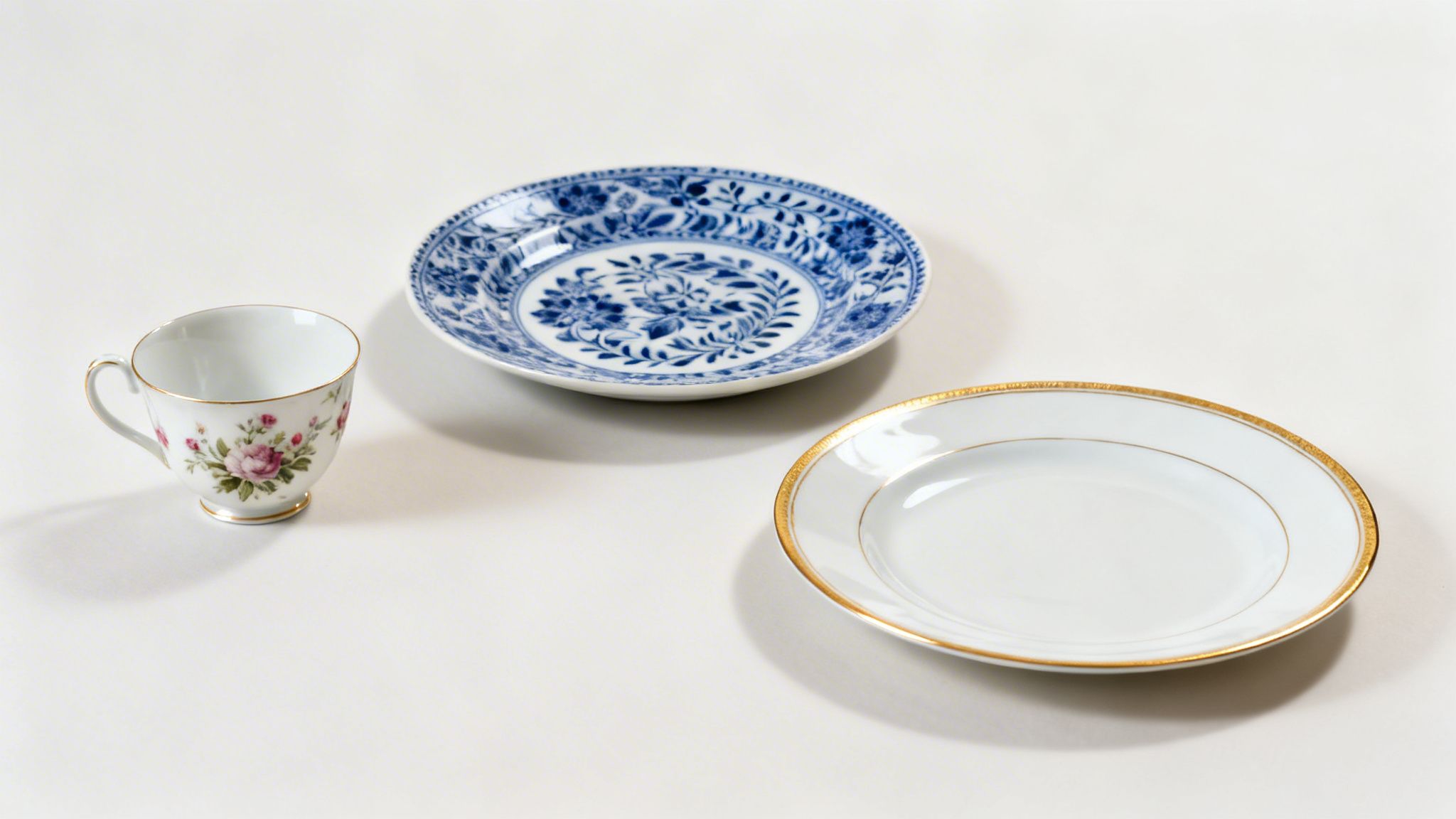 Three elegant porcelain items: a floral teacup, a blue patterned plate, and a gold-rimmed white plate.