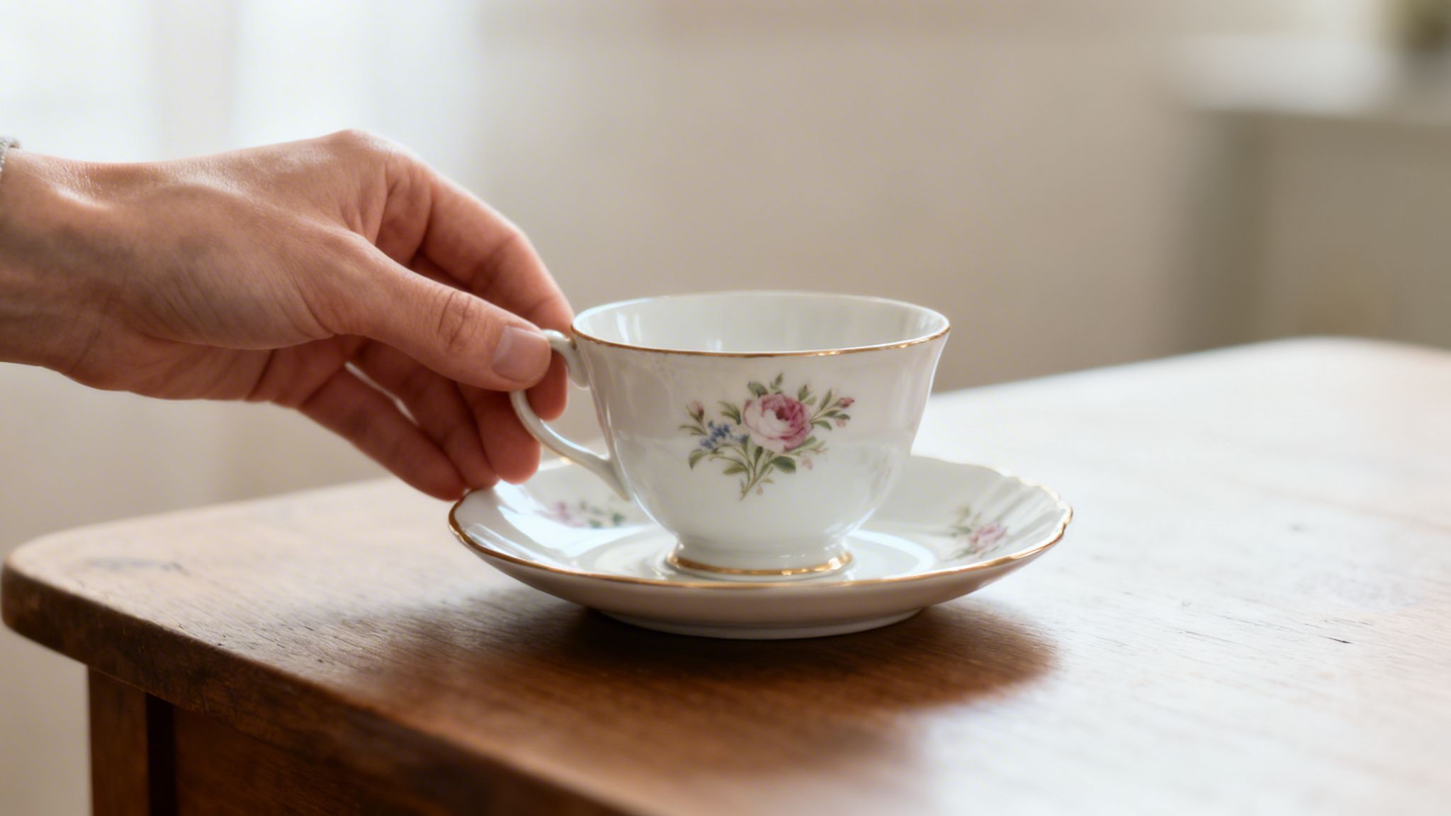 A hand gently places a white porcelain teacup with pink and blue floral patterns onto its saucer on a wooden table.