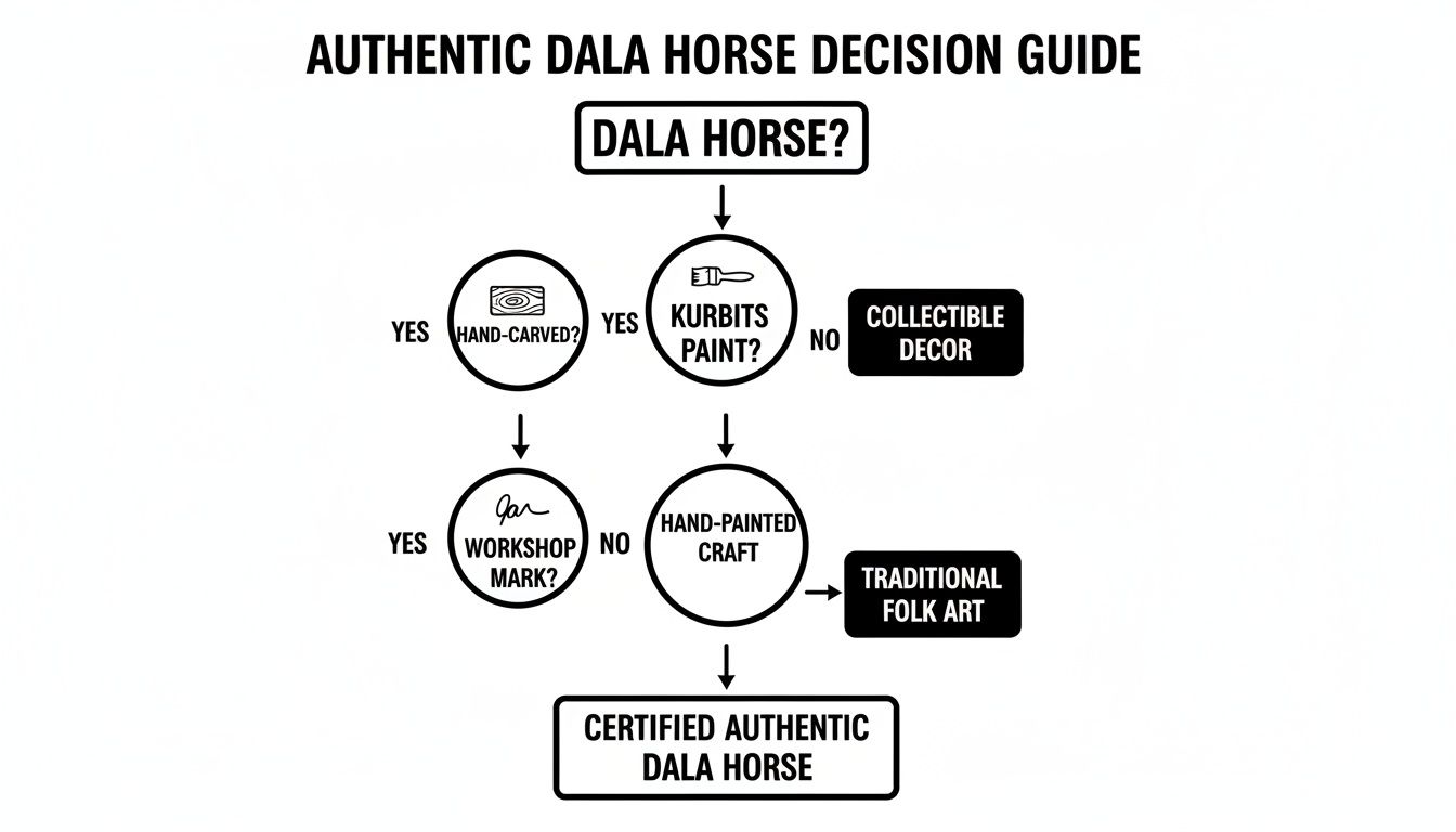 Flowchart outlining steps to identify and classify an authentic Dala horse.