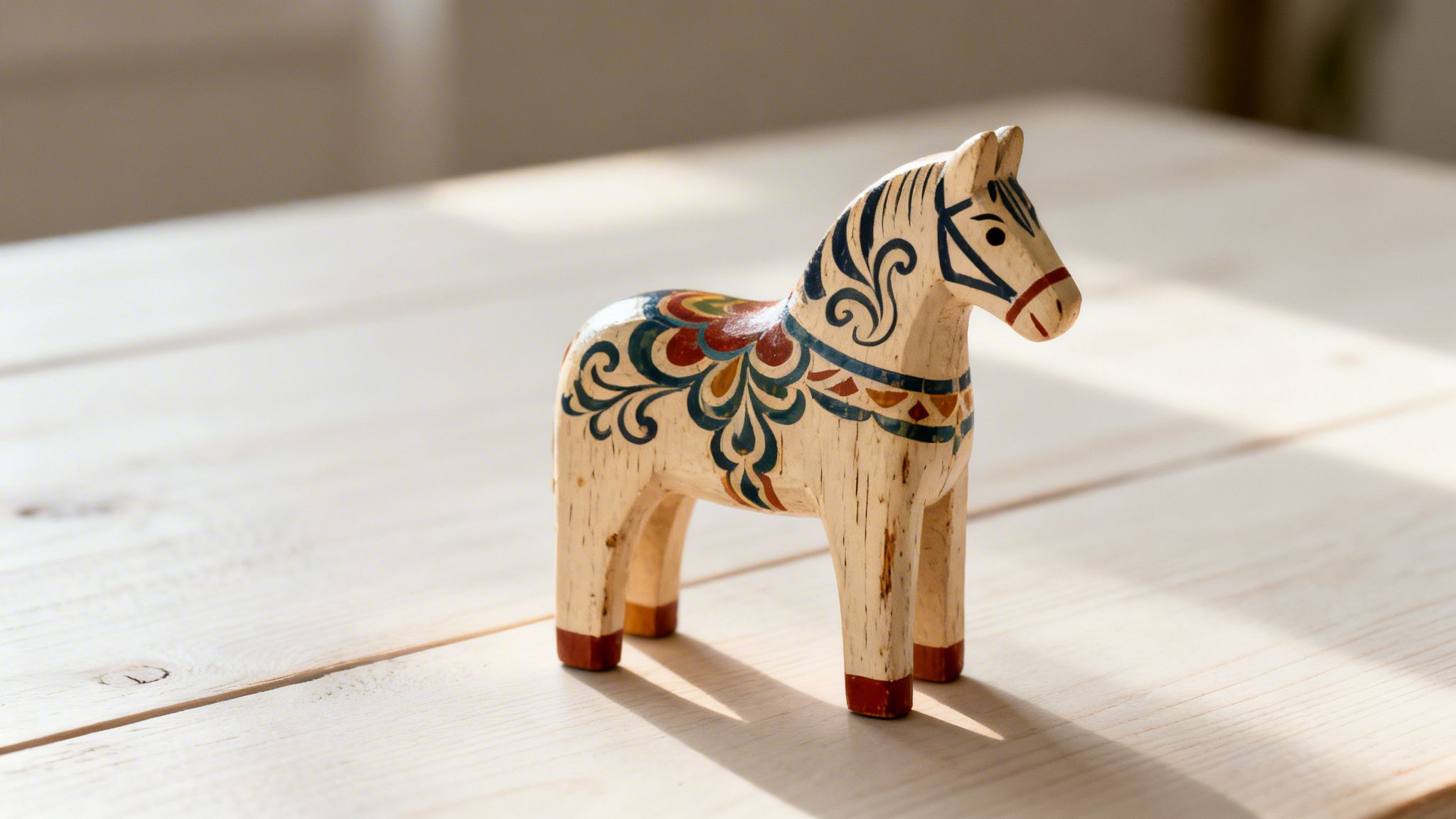 A traditional Swedish Dala horse figurine, hand-carved and painted, sitting on a light wooden table in sunlight.