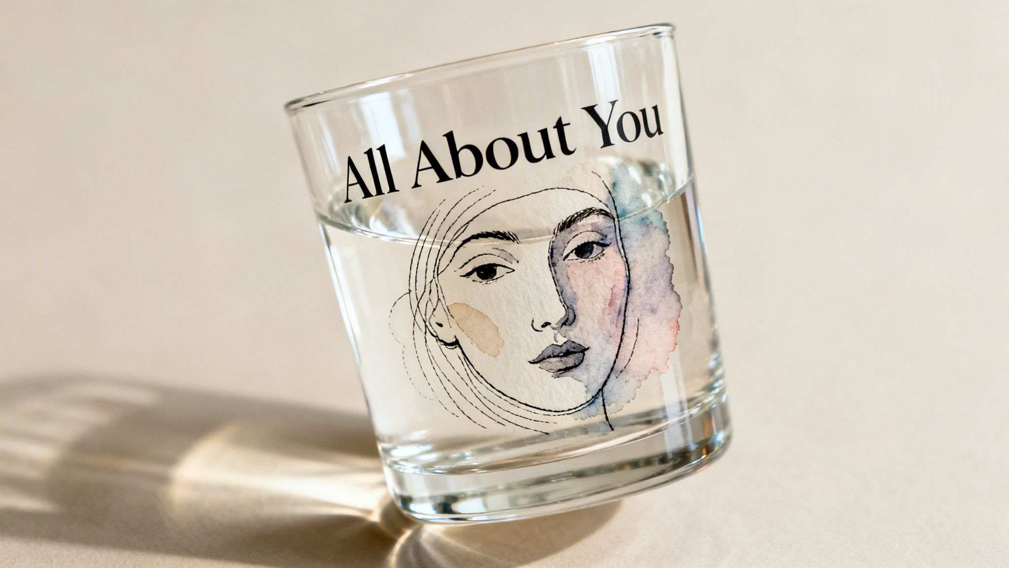 A clear glass filled with water, featuring 'All About You' text and a watercolor-style woman's face.