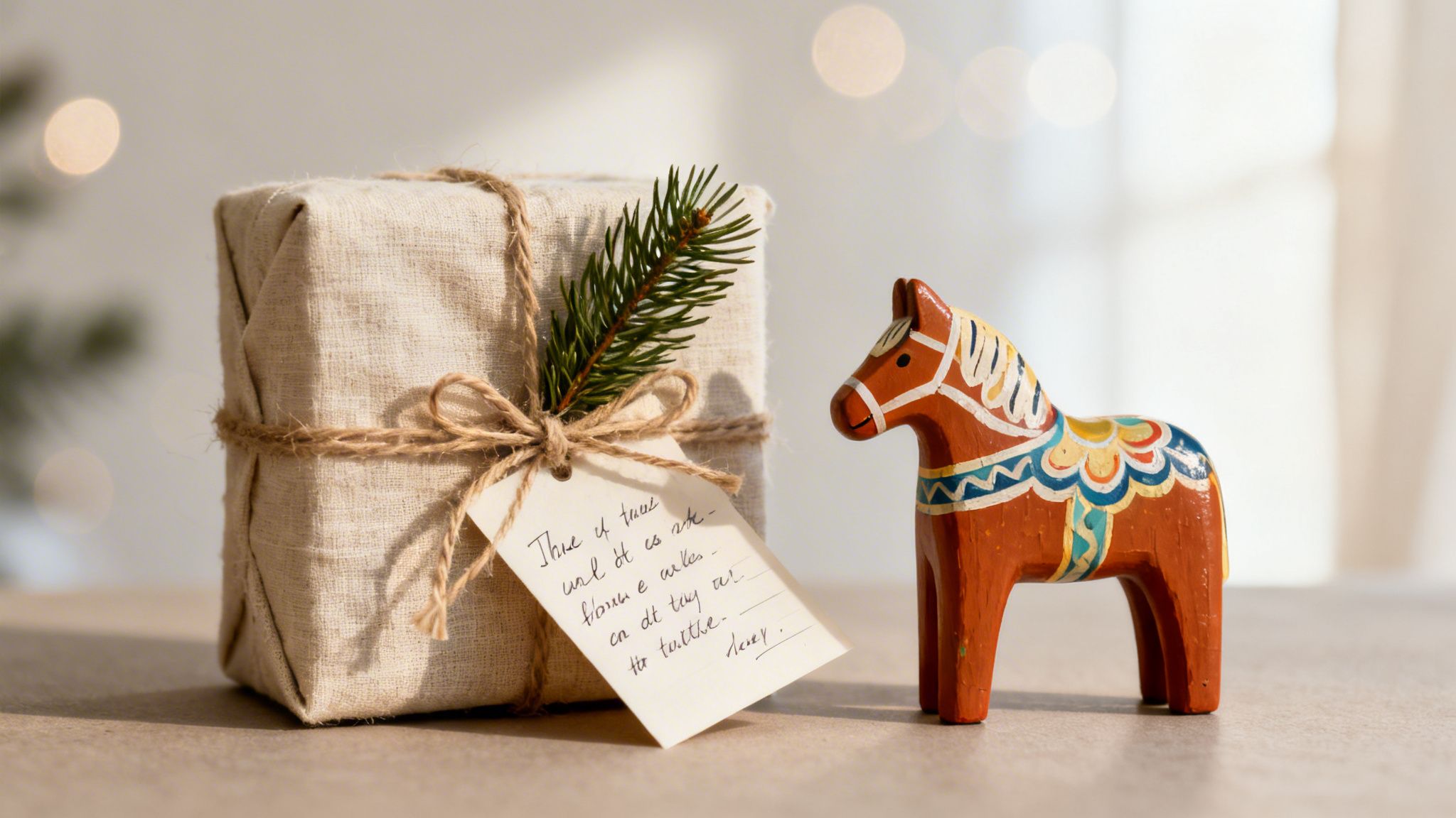 A rustic Christmas gift wrapped in linen with a pine branch and a handwritten tag, next to a colorful Dala horse.