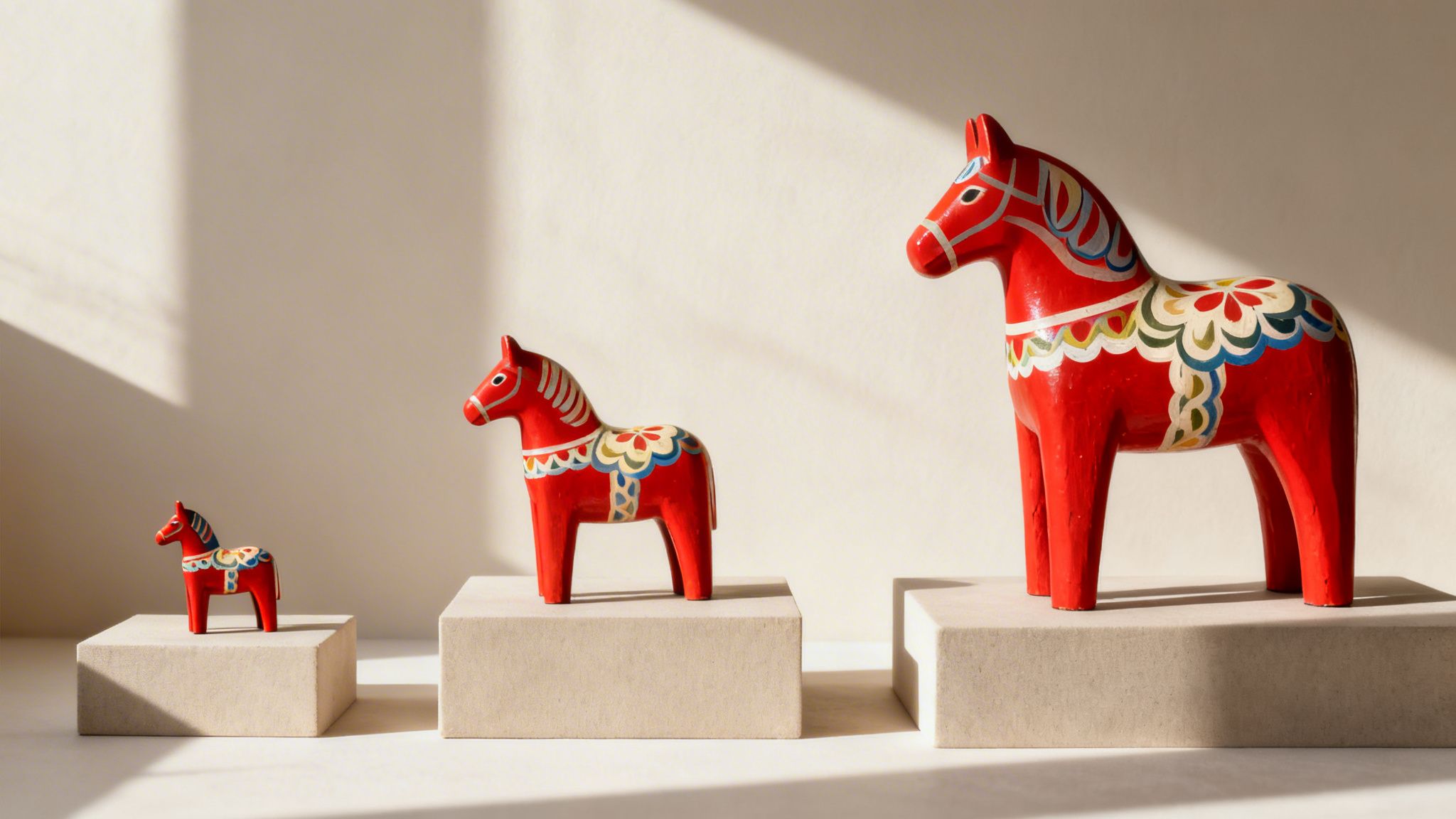Three traditional red Dala horses of varying sizes, decorated with colorful patterns, on ascending beige display blocks.