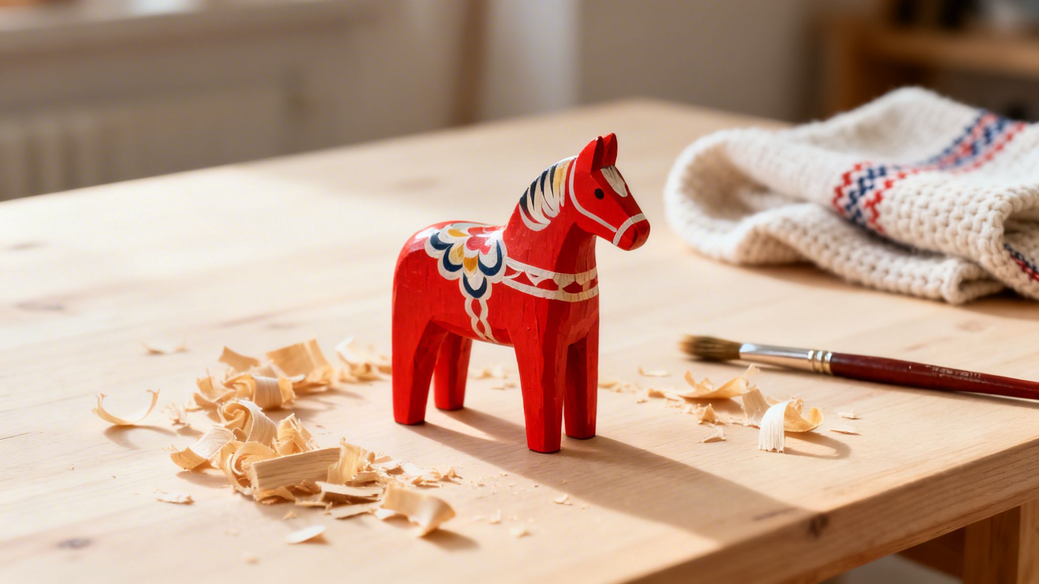 A traditional red Dala horse figurine on a wooden table with wood shavings and a paintbrush.