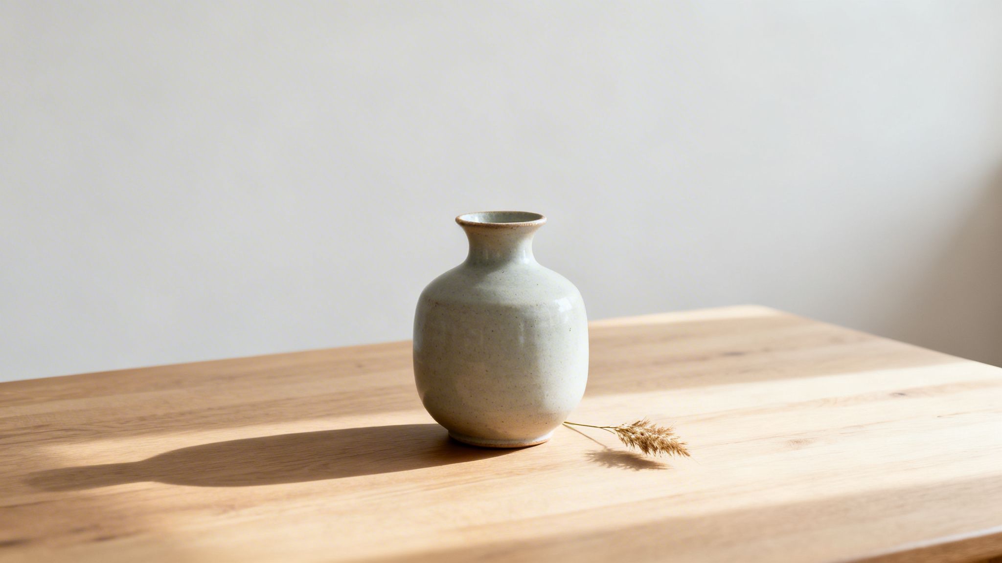 A light grey ceramic vase stands on a wooden table beside a dried wheat stalk, bathed in sunlight.