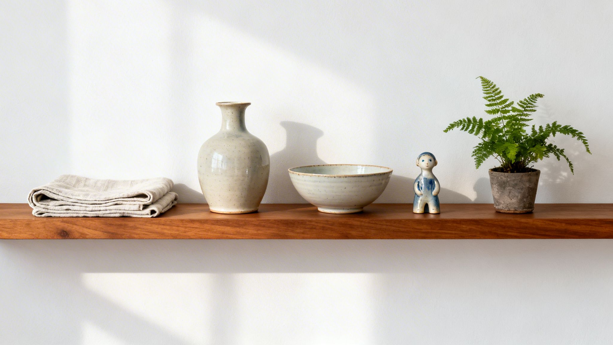 Natural home decor on a wooden shelf: linen, ceramic vase, bowl, figurine, and fern plant.