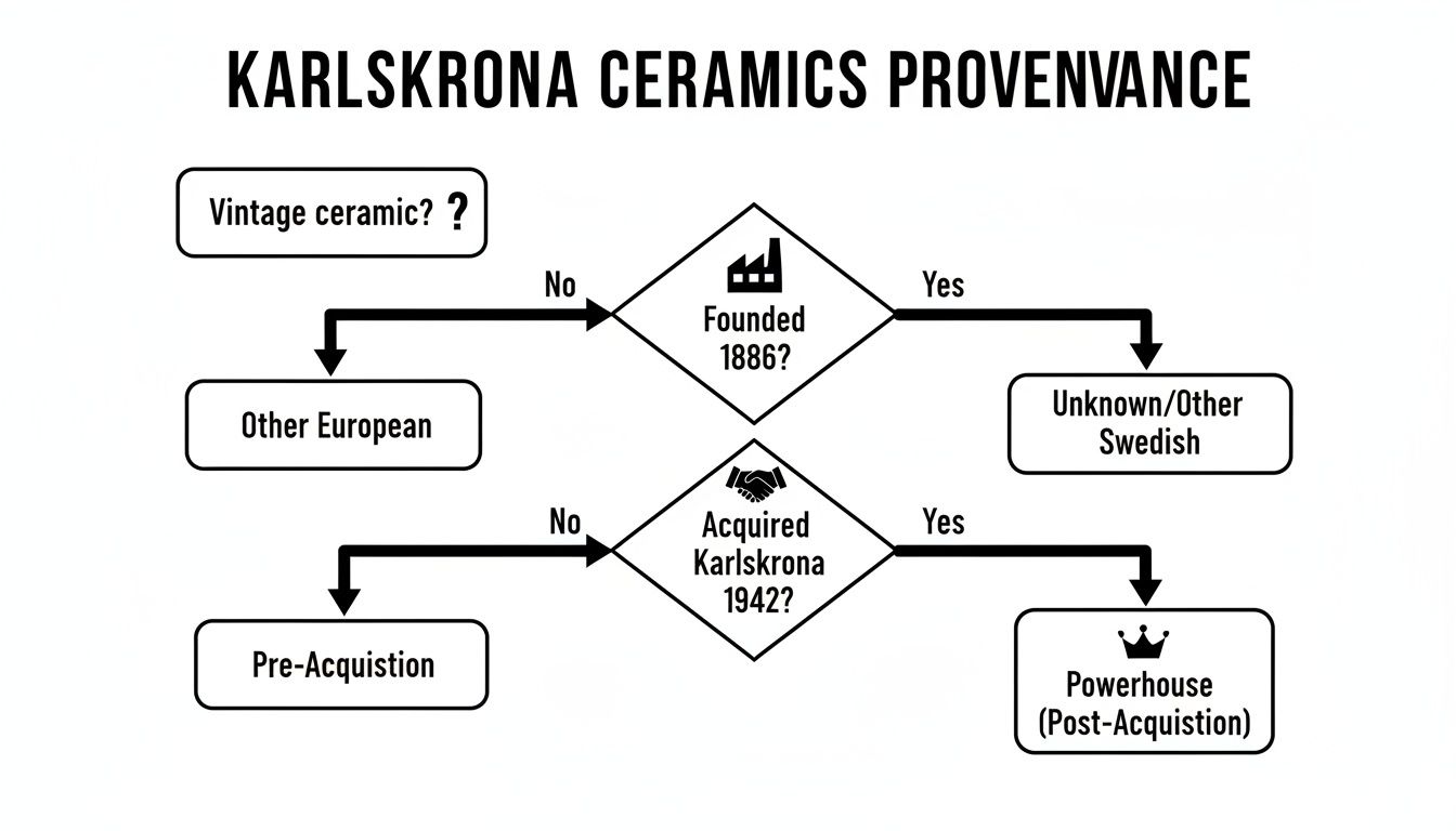 Flowchart detailing Karlskrona ceramics provenance, categorizing items by founding and acquisition dates.