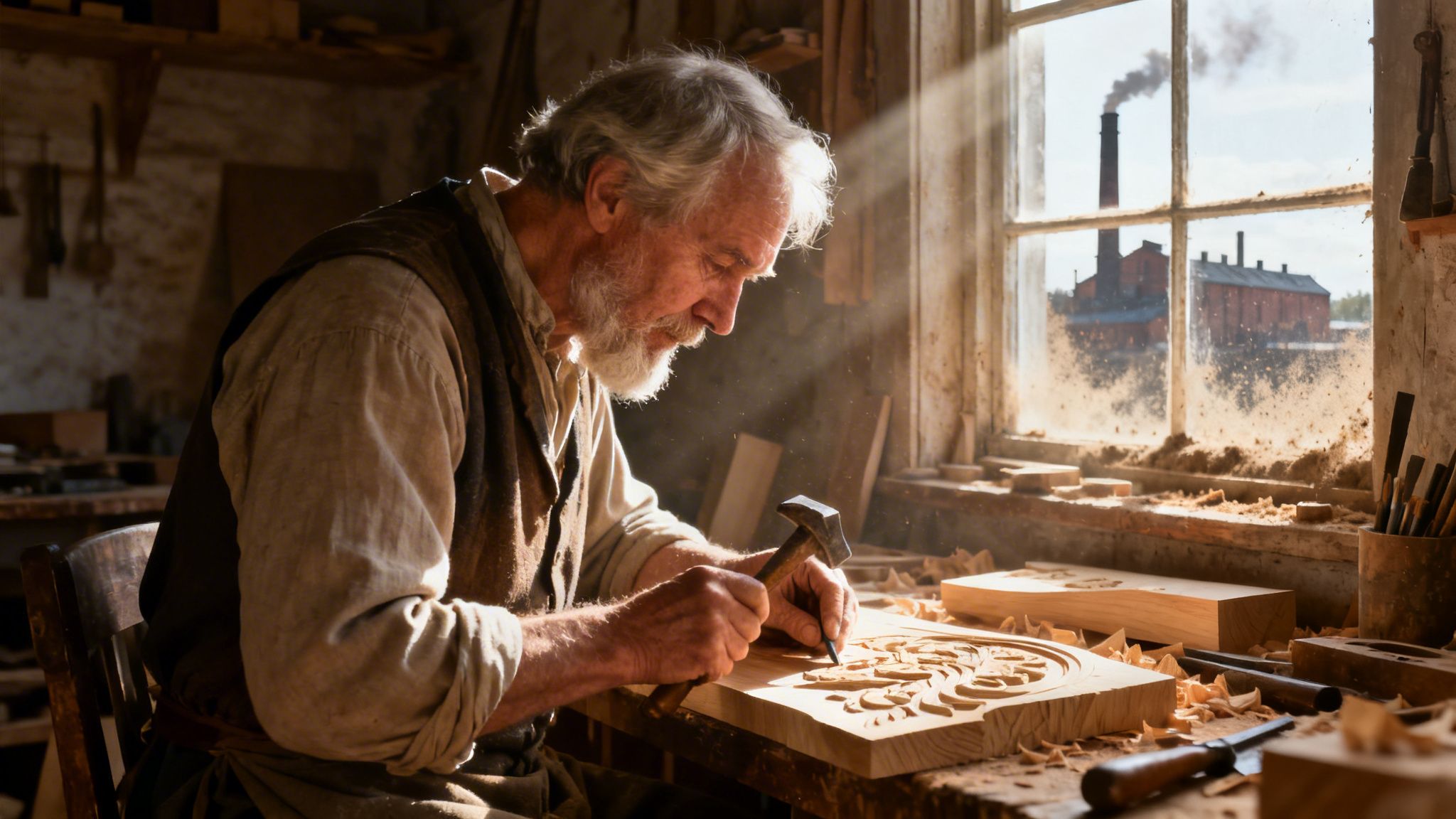 An elderly craftsman carefully carves an intricate wooden design with a mallet in his sunlit workshop.