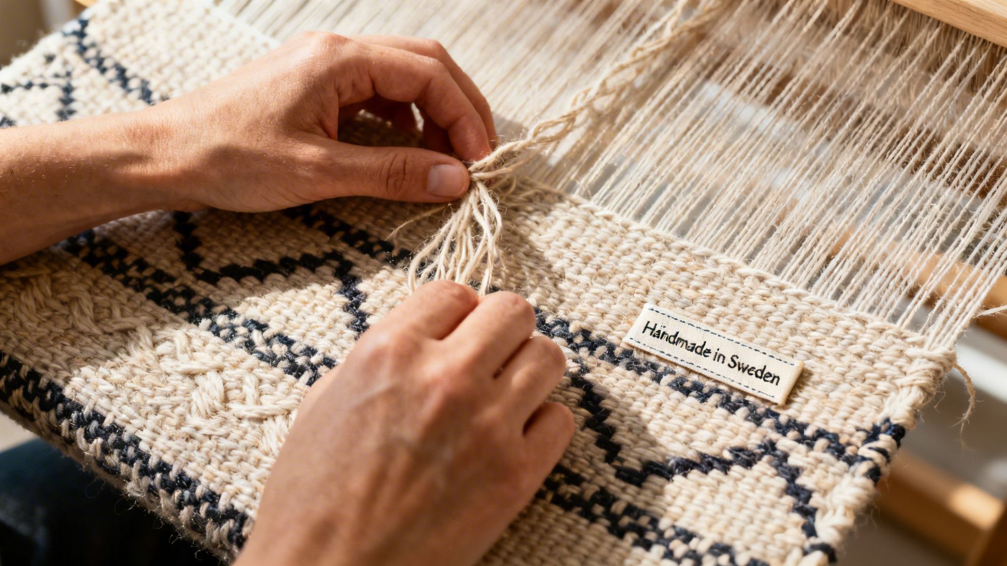 A close-up view of hands weaving a patterned wool rug on a traditional wooden loom in Sweden.