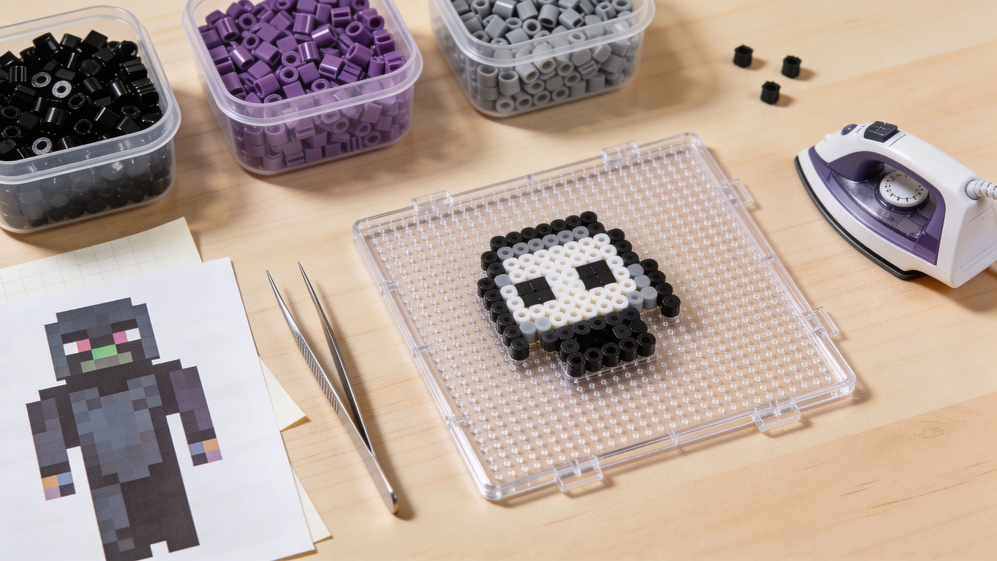 A crafting scene showing a DIY Minecraft Enderman perler bead design on a transparent pegboard with tweezers.
