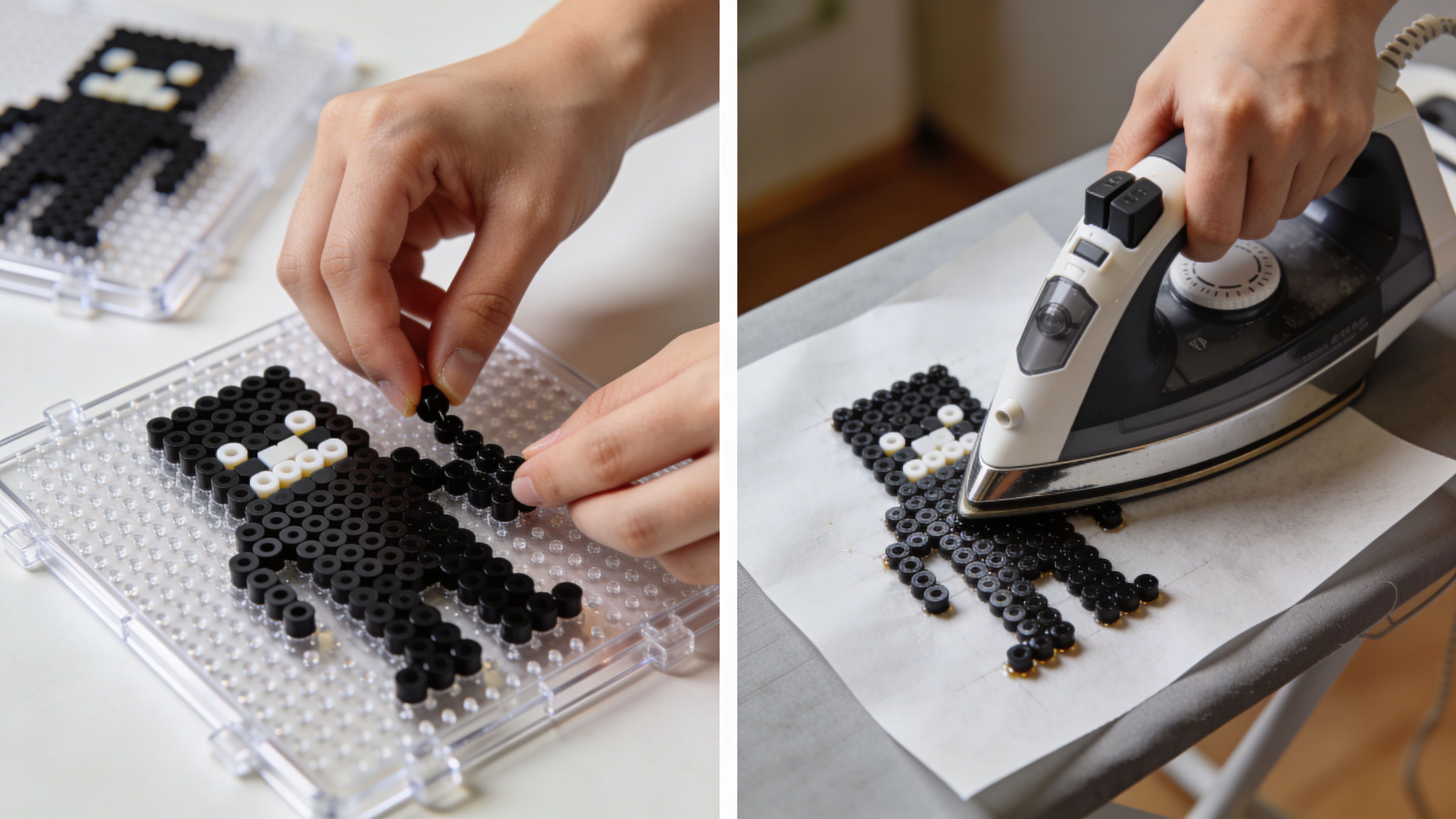 A person crafting a Minecraft Enderman figure using black and white plastic fuse beads on a board.