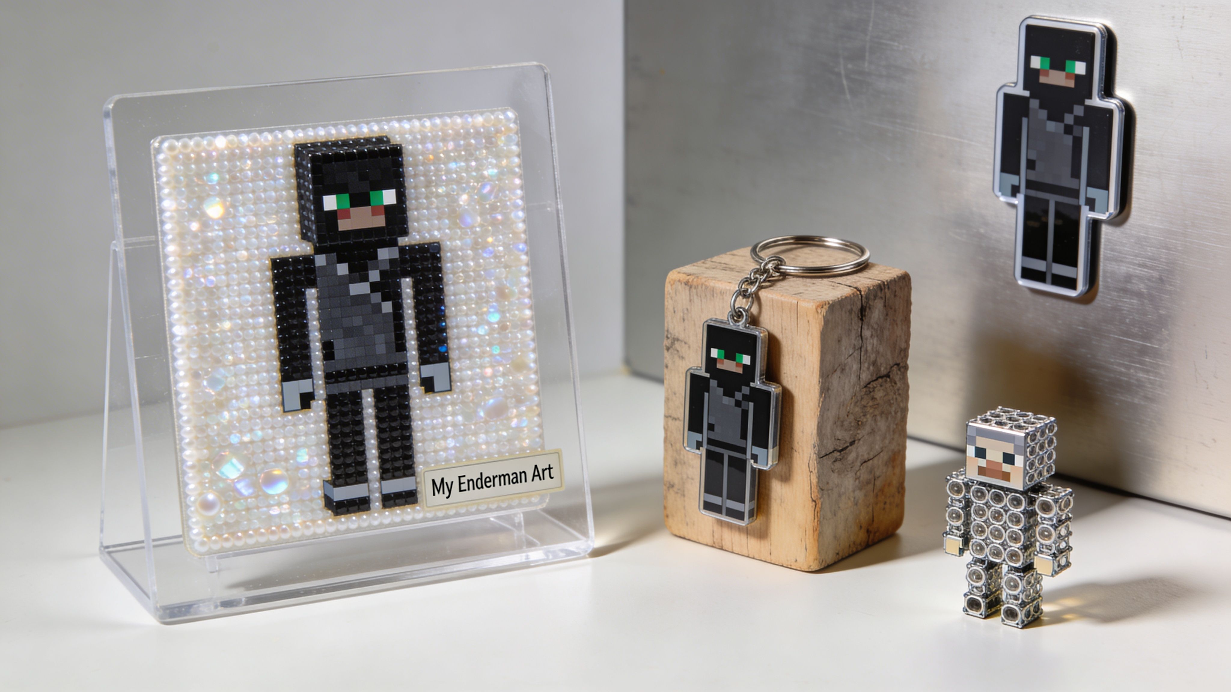 A display of Minecraft-themed crafts including a beaded Enderman portrait, a keychain, and a small figure.