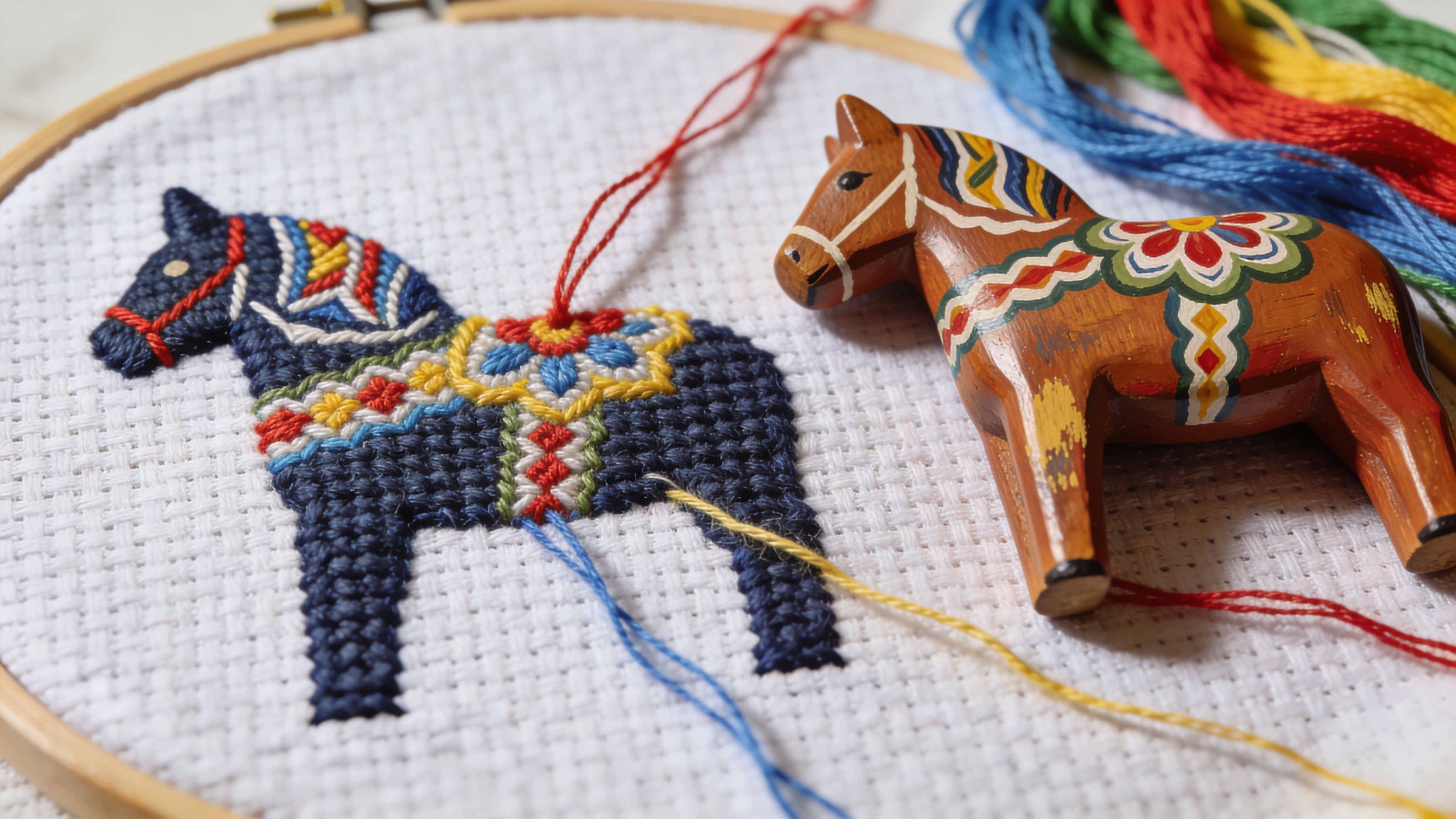 A wooden Dala horse sitting next to an embroidery hoop featuring a partially cross-stitched Dala horse pattern.