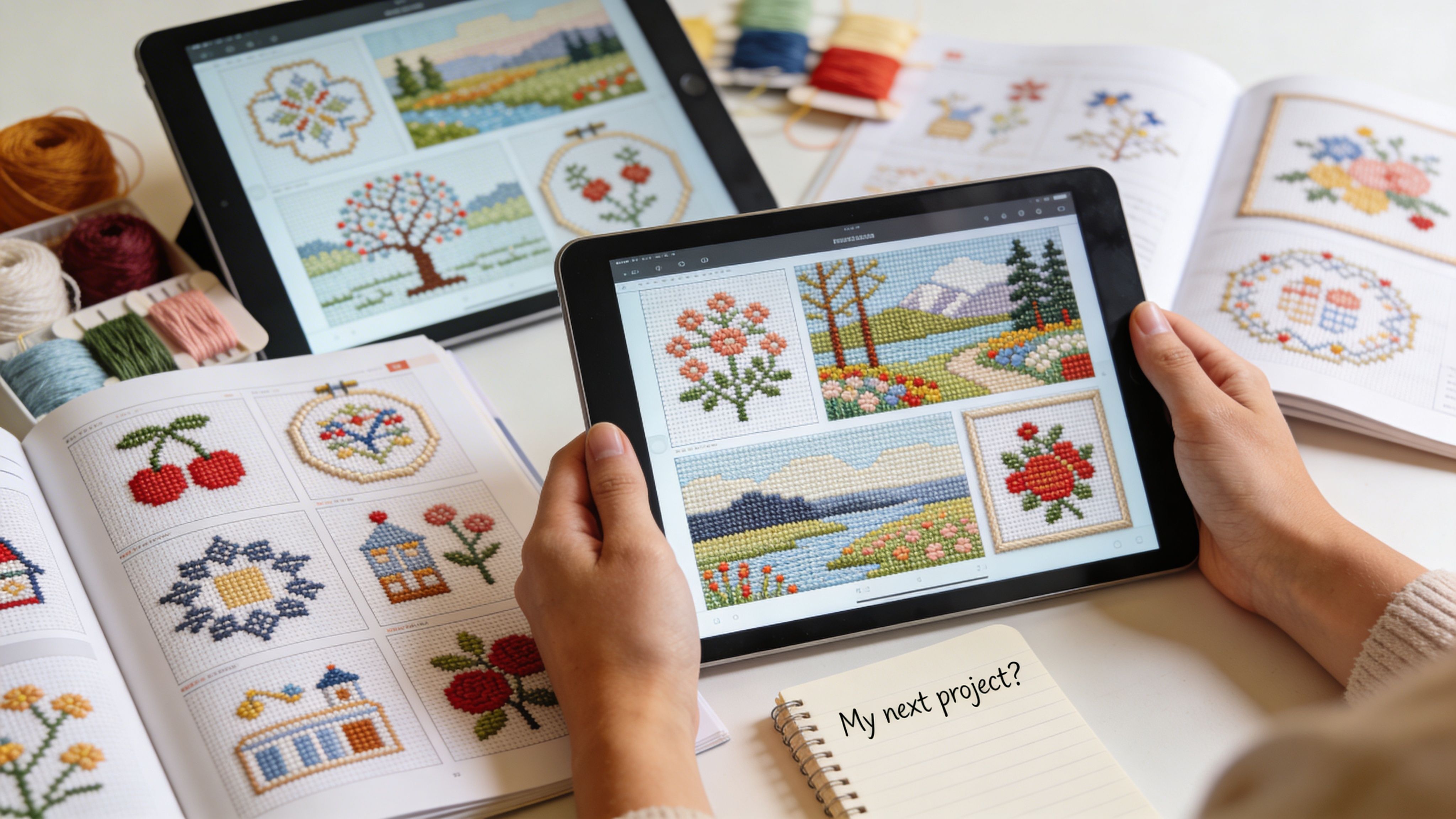 A person holding a tablet displaying various cross stitch patterns with craft supplies and books nearby.